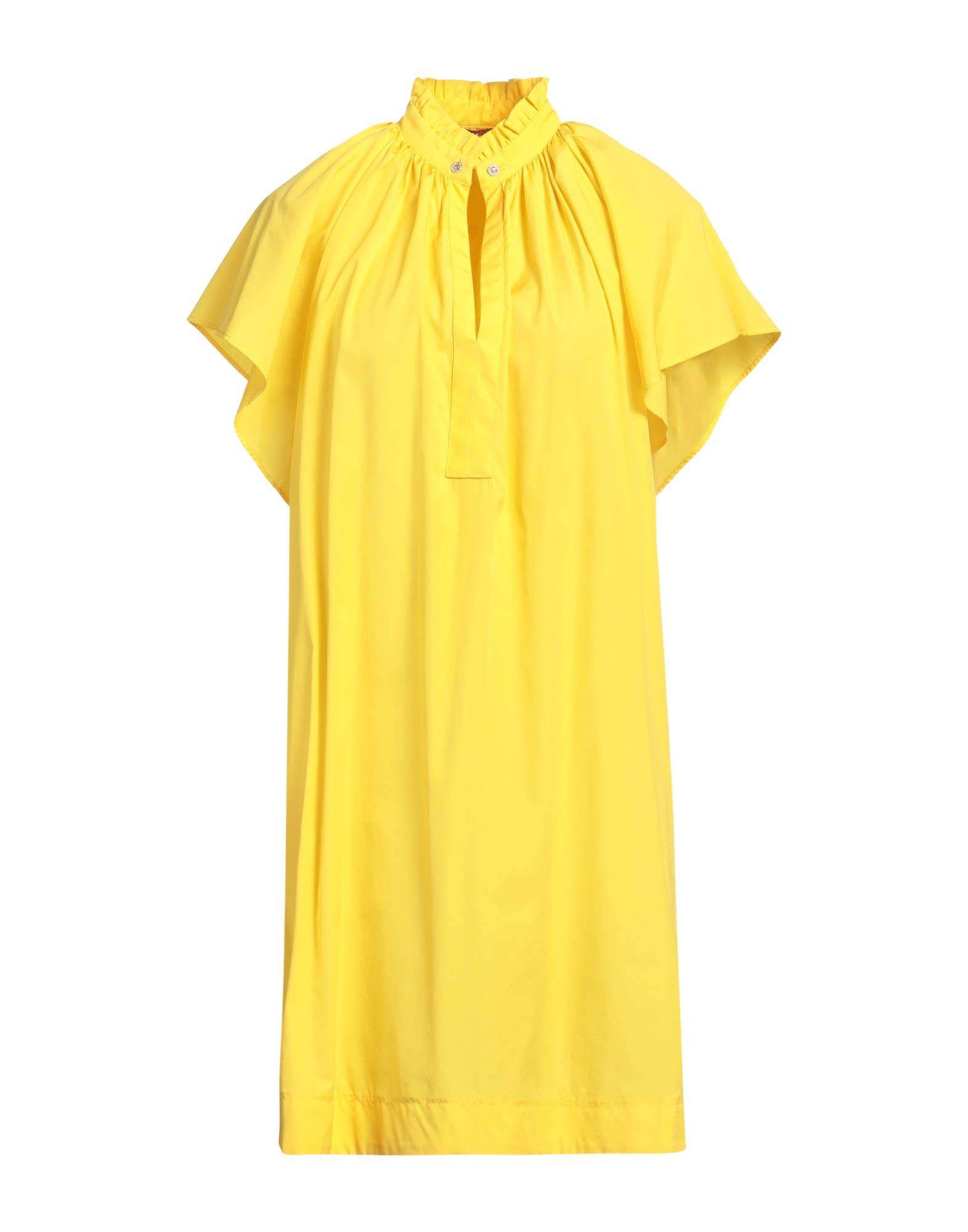 원피스 & 드레스, 포플린, 장식 디테일 솔리드 컬러, 러플, 스탠드 칼라, 쇼트 슬리브, 멀티 포켓, 세탁기 세탁 또는 드라이클리닝, 표백 금지, 건조기 사용불가. 이미지