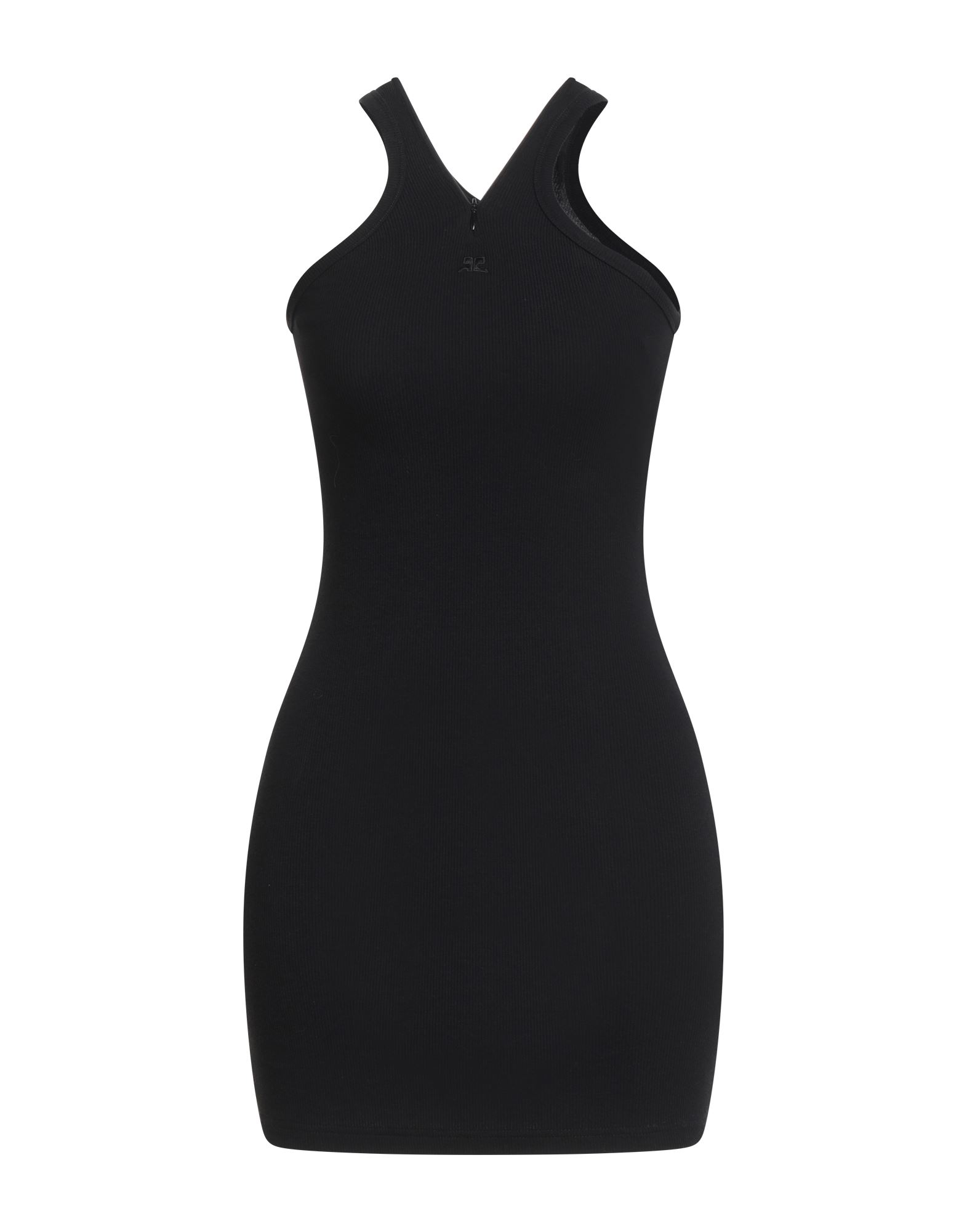 바디콘 드레스, 저지, 솔리드 컬러, 브랜드 로고, v 네크라인, 슬리브리스, 안감없음, 지퍼 여밈, 포켓 없음, 스트레치, 세탁기로 세탁, 표백 금지, 건조기 사용불가. 이미지