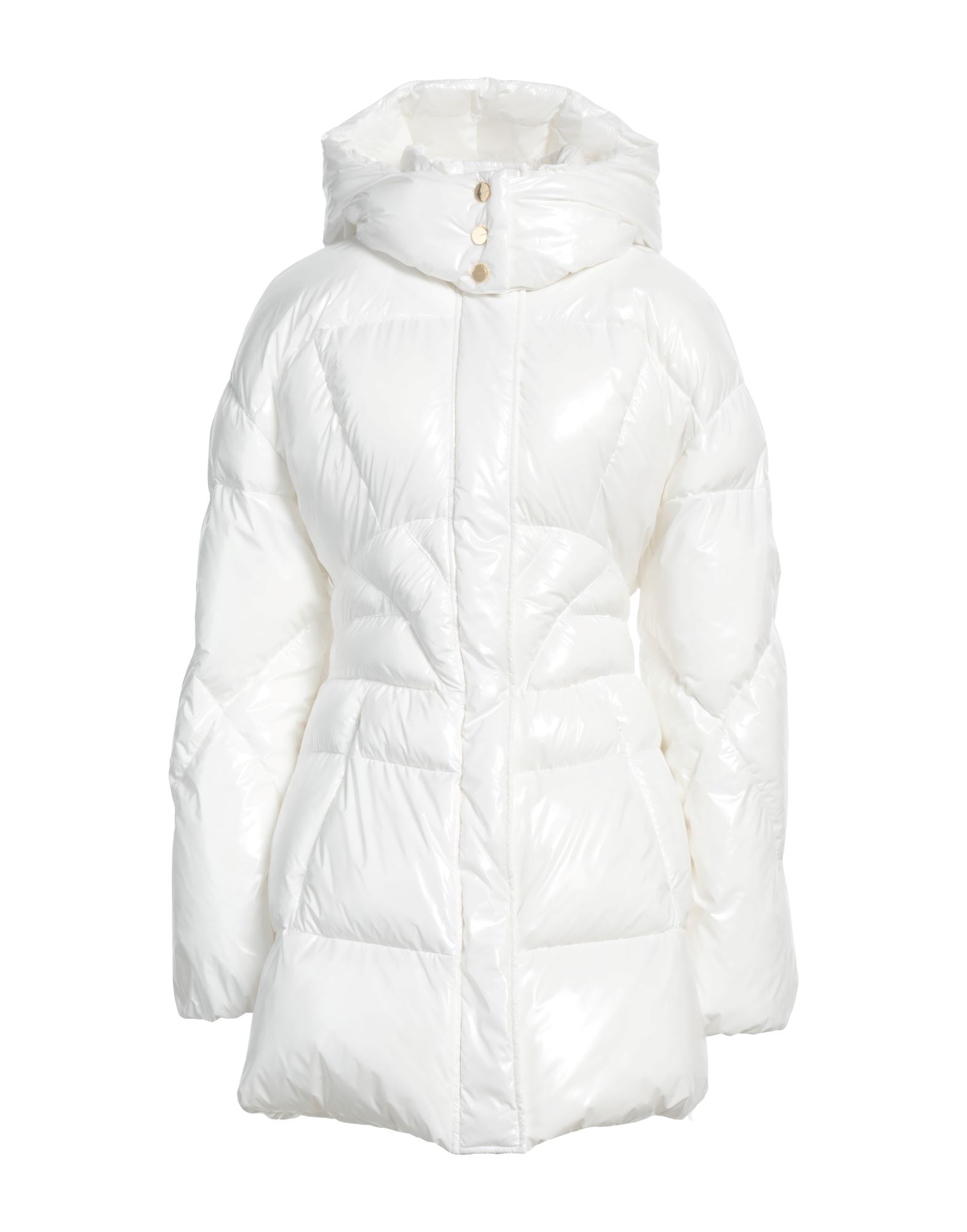 인조가죽, 브랜드 로고, 솔리드 컬러, 후드, 싱글브레스티드, 롱 슬리브, 합성 충전재, 스냅버튼 여밈, 지퍼 여밈, 멀티 포켓, 세탁기로 세탁, 표백 금지, 건조기 사용불가, 다림질 금지, 롱 패딩 자켓. 이미지