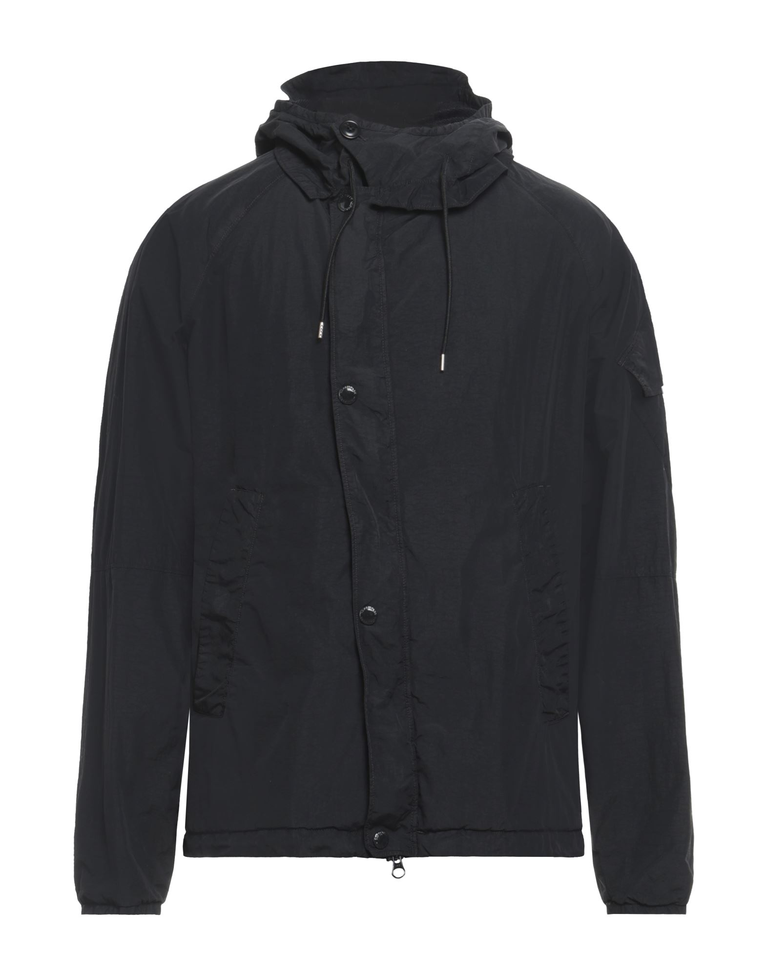 테크니컬 패브릭, 브랜드 로고, 솔리드 컬러, 후드, 싱글브레스티드, 롱 슬리브, 안감있음, 더블버튼 여밈, 멀티 포켓, 세탁기로 세탁, 건조기 사용불가, 표백 금지, 윈드브레이커 스타일. 이미지