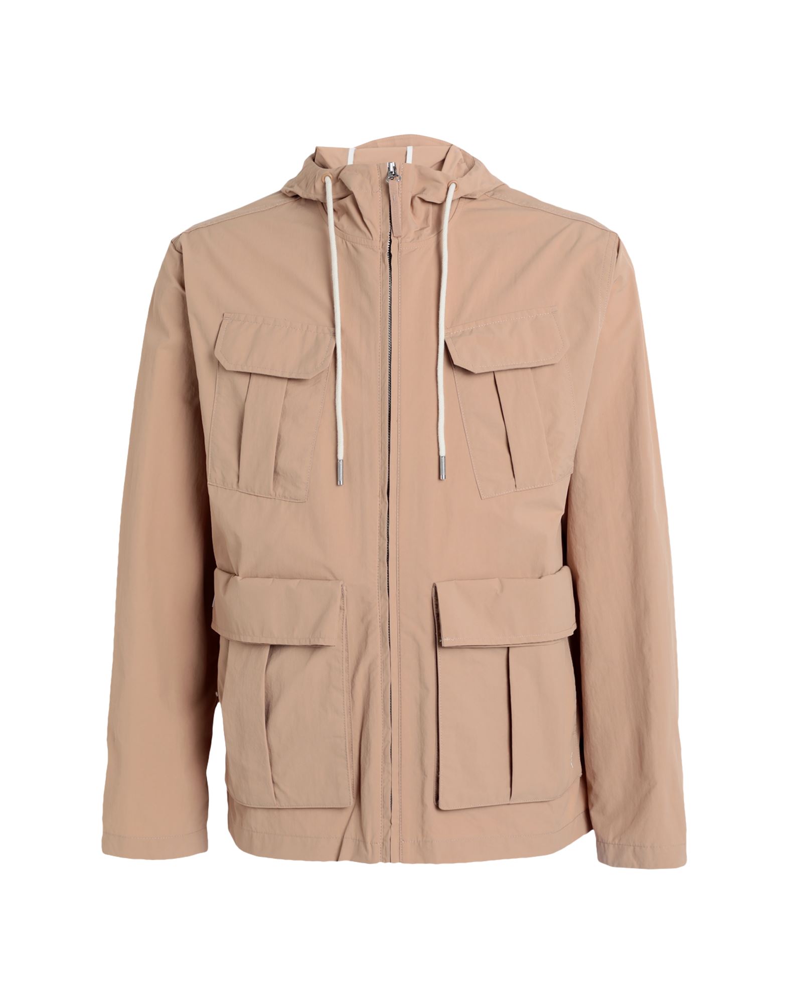 테크니컬 패브릭, 브랜드 로고, 자수, 솔리드 컬러, 후드, 싱글브레스티드, 롱 슬리브, 안감없음, 지퍼 클로저, 멀티 포켓, lifestyle, 사파리. 이미지