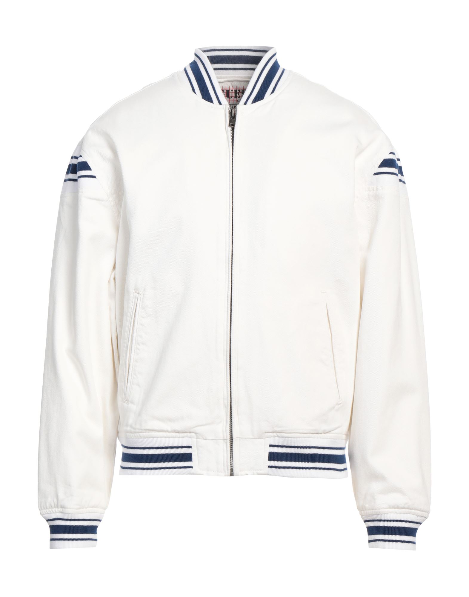 데님 보머 자켓, 데님, 투톤 패턴, 자수 로고 장식, 컬러 워싱, 크루넥, 롱 슬리브, 안감있음, 지퍼 여밈, 멀티 포켓, 세탁기 세탁 또는 드라이클리닝, 표백 금지, 건조기 사용불가. 이미지