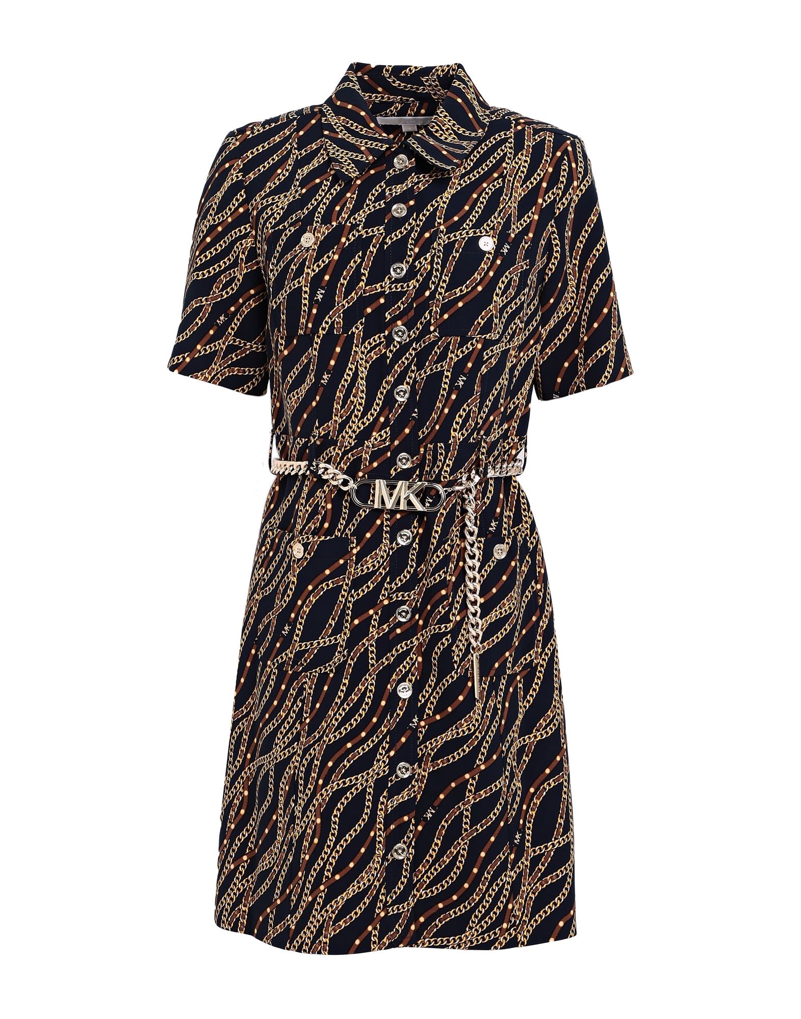 평직, 브랜드 로고, 벨트, 멀티컬러 패턴, 클래식 칼라, 쇼트 슬리브, 안감있음, 버튼 여밈, 멀티 포켓, 셔츠 드레스. 이미지