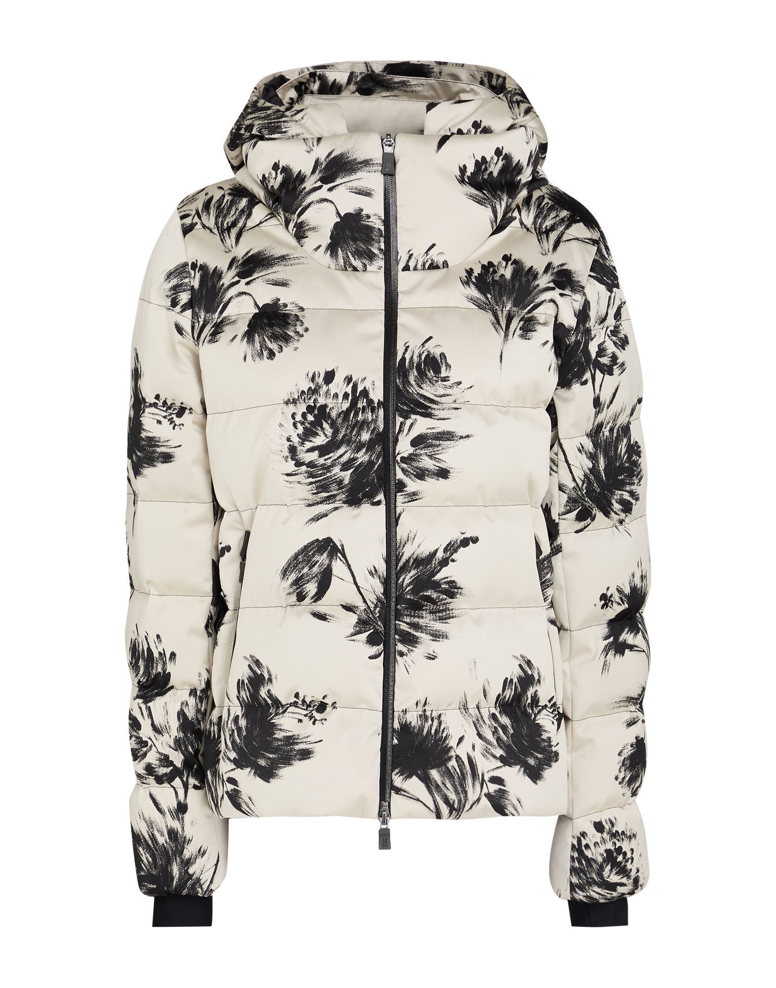 쇼트 다운 자켓, 테크니컬 패브릭, 플로럴 모티브, 장식 부착 없음, 목 부분의 분리 가능한 후드, 롱 슬리브, 구스 다운 내장, 지퍼 여밈, 지퍼 포켓, 동물성 비섬유 자재 함유, 손세탁 또는 드라이클리닝, 표백 금지, 건조기 사용불가. 이미지