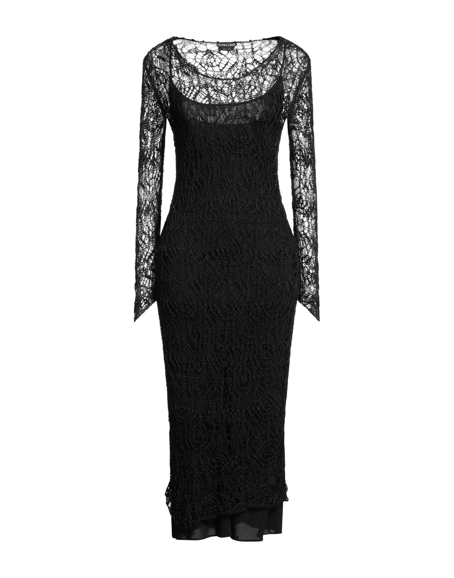 바디콘 드레스, 크로셰 니트, 라이트웨이트 니트, 솔리드 컬러, 장식 부착 없음, 크루넥, 롱 슬리브, 슬립 내장, 드라이클리닝, 표백 금지, 건조기 사용불가. 이미지