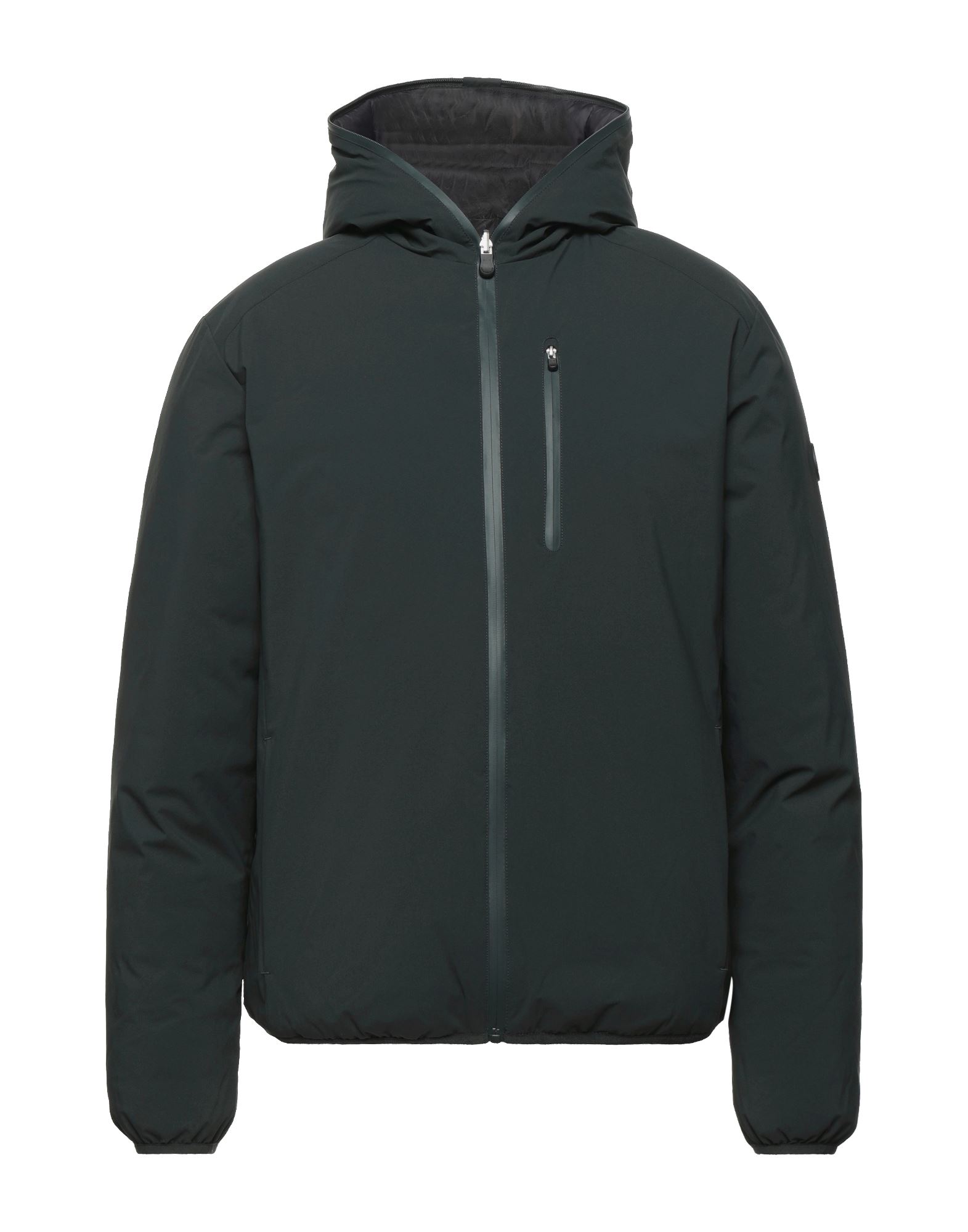 쇼트 패딩 자켓, 테크니컬 패브릭, 솔리드 컬러, 브랜드 로고, 후드, 싱글브레스티드, 롱 슬리브, 합성 충전재, 지퍼 여밈, 지퍼 포켓, 포켓 1개, 더블 페이스, 세탁기 세탁 또는 드라이클리닝, 건조기 사용불가. 이미지