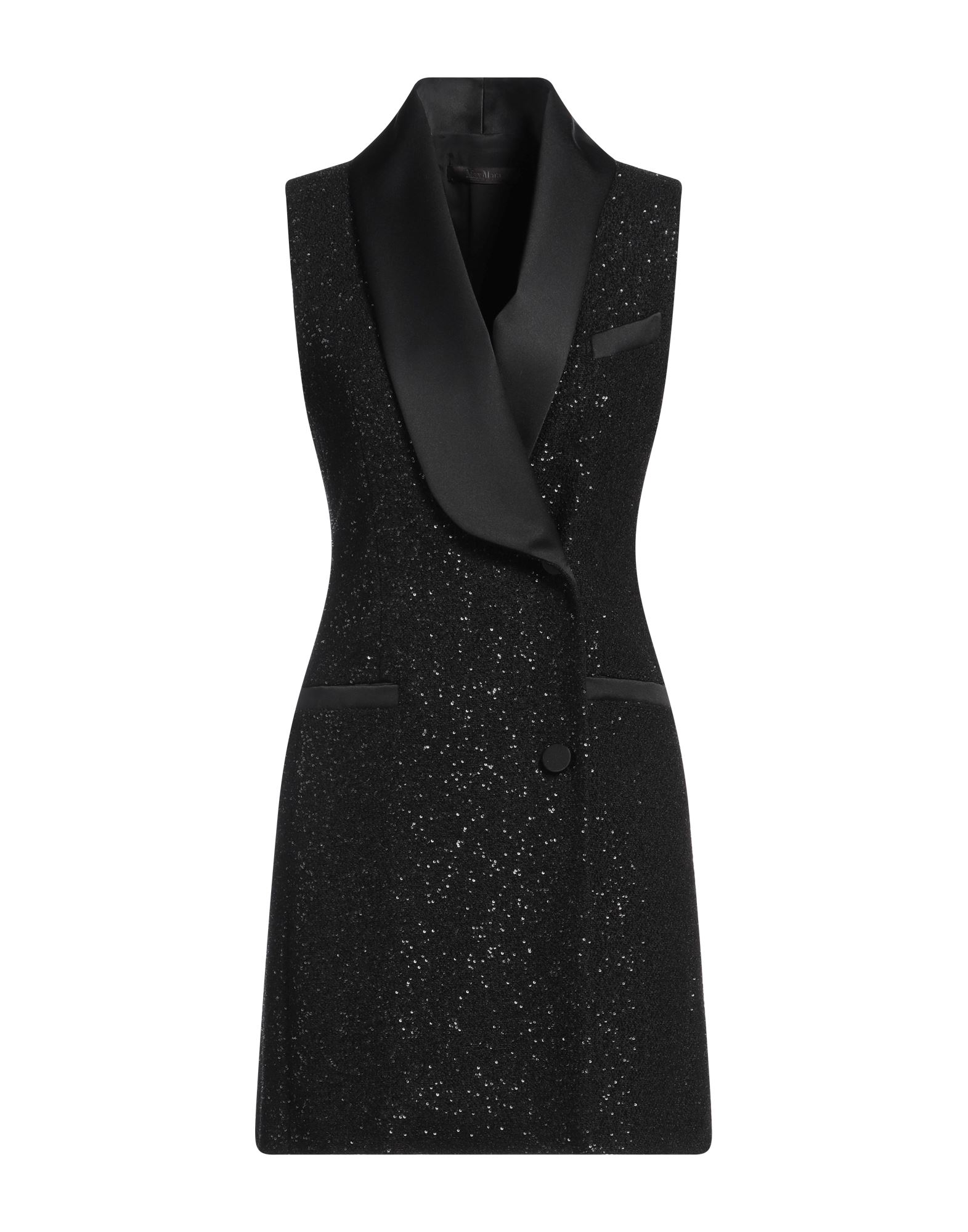 블레이저 드레스, 니트 소재, 새틴, 라이트웨이트 니트, 솔리드 컬러, 시퀸, 라펠, 슬리브리스, 안감있음, 버튼 여밈, 포켓 없음, 드라이클리닝, 표백 금지, 건조기 사용불가. 이미지