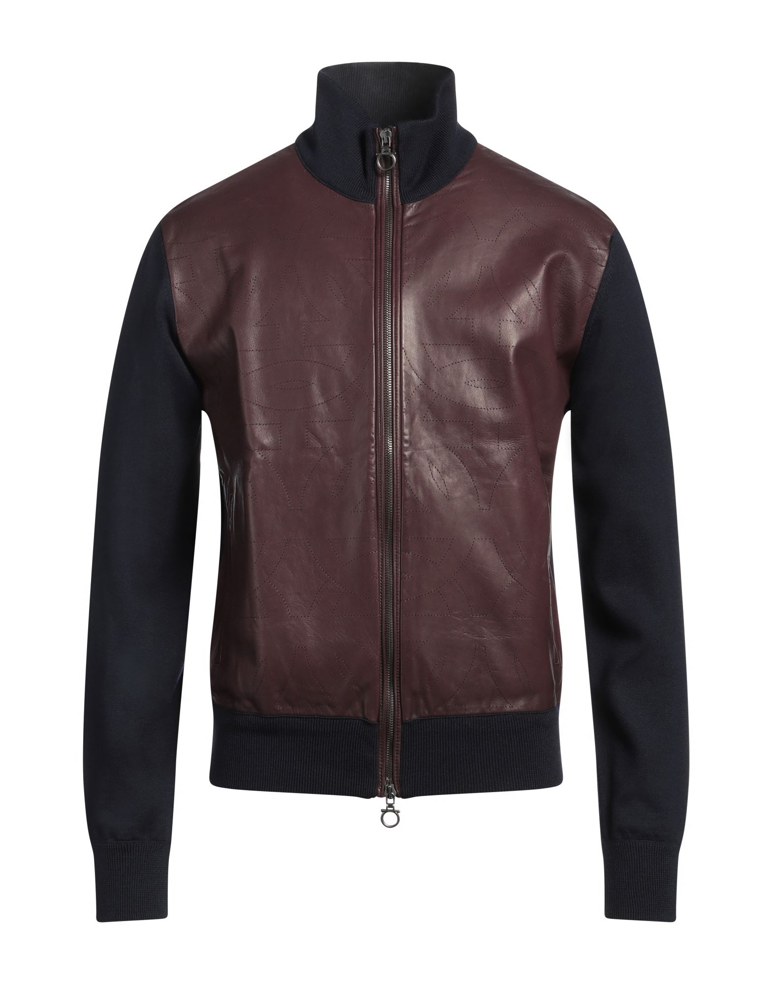 캐주얼 자켓, 가죽, 니트 소재, 라이트웨이트 니트, 투톤 패턴, 장식 부착 없음, 터틀넥, 롱 슬리브, 부분적으로 안감 처리한 내부, 지퍼 여밈, 슬릿 포켓, 동물성 비섬유 자재 함유, 물세탁 불가, 표백 금지, 건조기 사용불가. 이미지