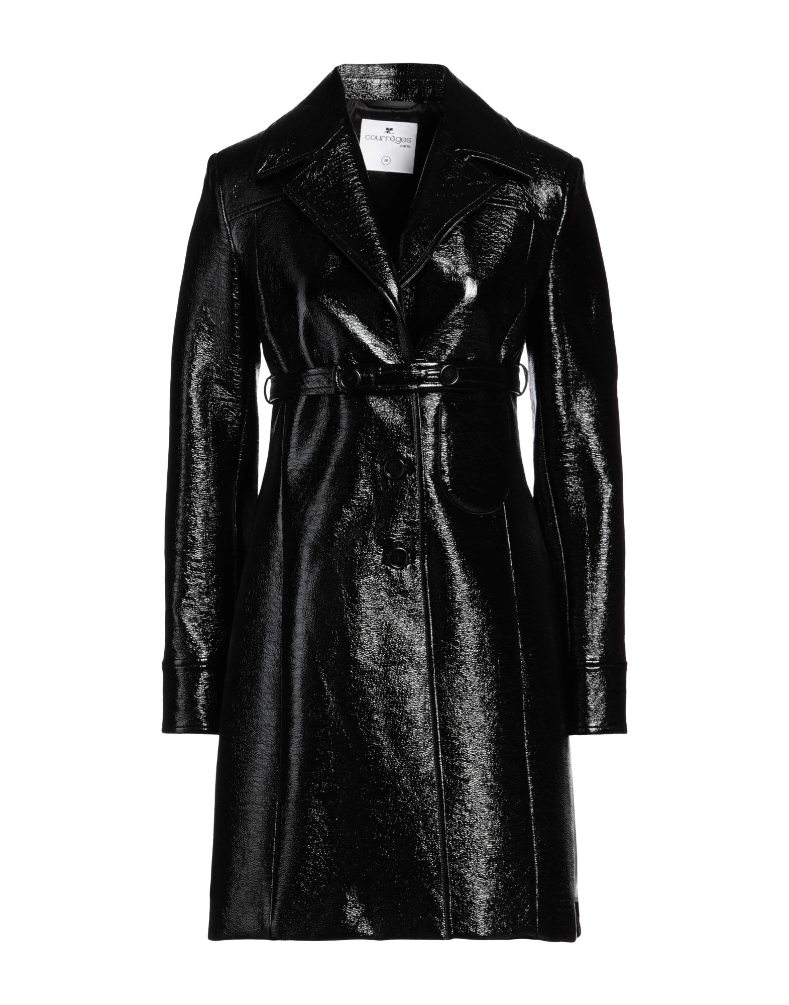 인조가죽, 벨트, 솔리드 컬러, 라펠, 싱글브레스티드, 롱 슬리브, 안감있음, 버튼 여밈, 멀티 포켓, 스트레치, 물세탁 불가, 표백 금지, 건조기 사용불가, 다림질 금지, 벨티드 코트. 이미지