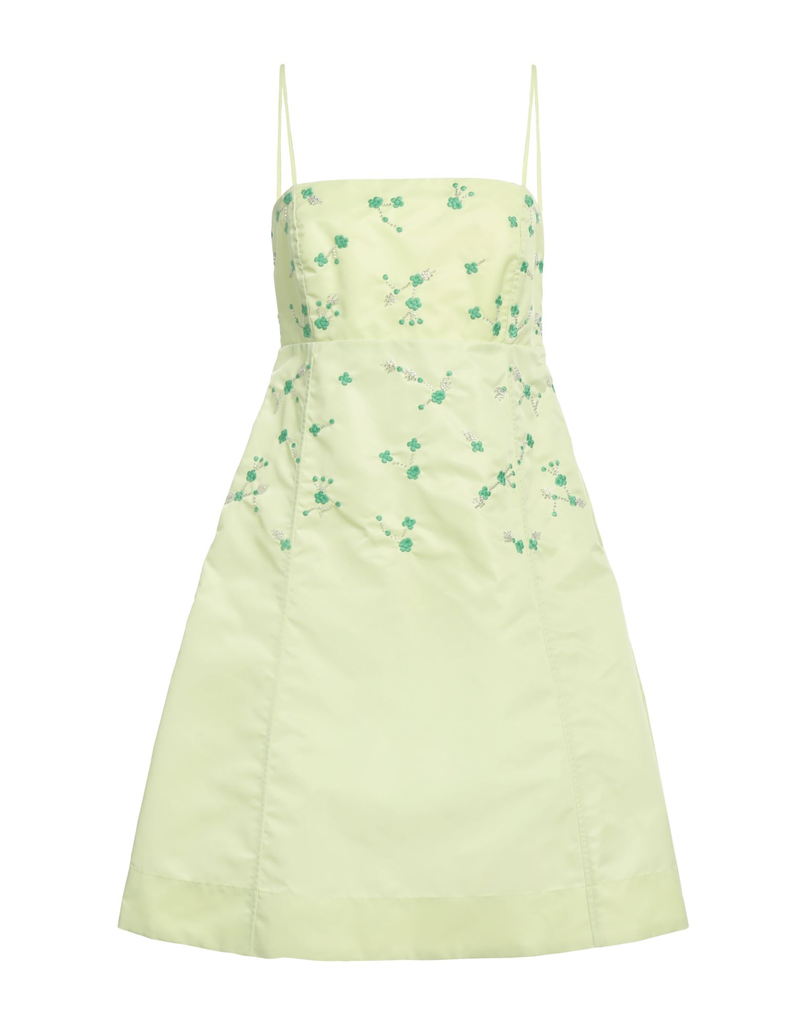 테크니컬 패브릭, 자수 장식, 비즈, 장식 디테일 솔리드 컬러, 스퀘어 네크라인, 슬리브리스, 안감없음, 지퍼 여밈, 포켓 없음, 플레어 드레스. 이미지