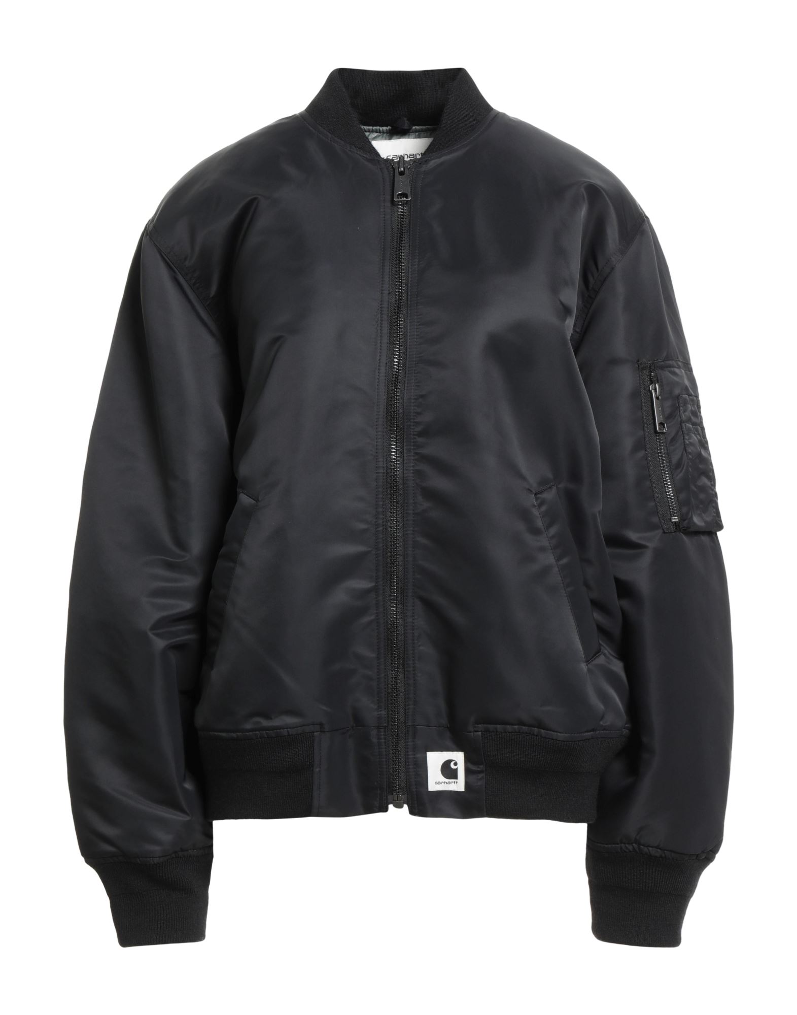 보머 자켓, 테크니컬 패브릭, 솔리드 컬러, 니트 트리밍, 자수 로고 장식, 크루넥, 싱글브레스티드, 롱 슬리브, 합성 충전재, 멀티 포켓, 세탁기로 세탁, 표백 금지, 건조기 사용불가, 다림질 금지. 이미지