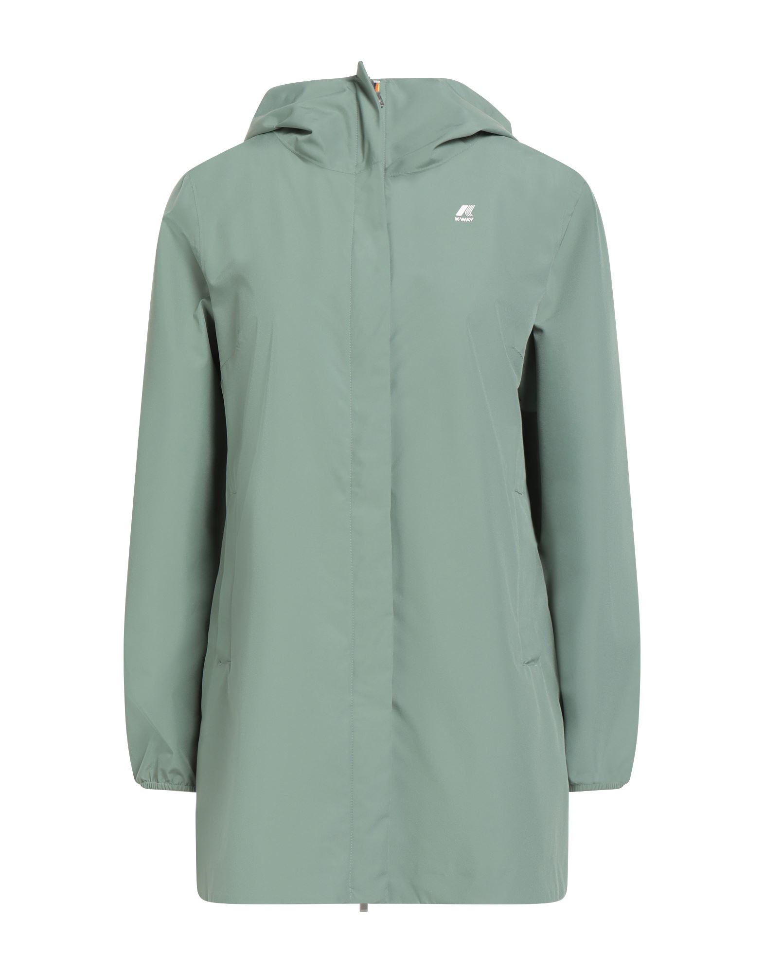 롱 자켓, 테크니컬 패브릭, 방수, 브랜드 로고, 솔리드 컬러, 후드, 싱글브레스티드, 롱 슬리브, 안감없음, 지퍼 여밈, 슬릿 포켓, 세탁기로 세탁, 표백 금지, 건조기 사용불가, 다림질 금지. 이미지