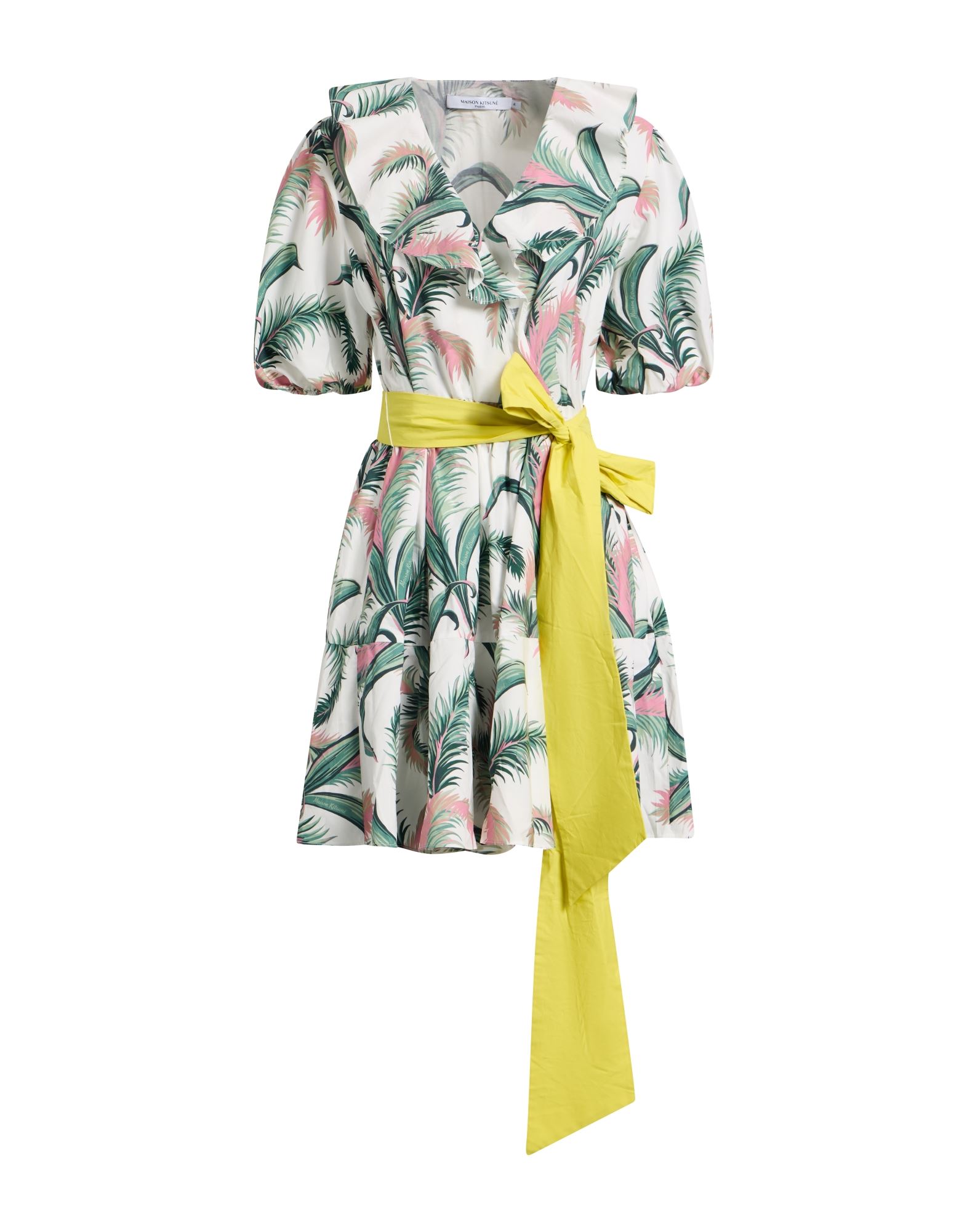 랩 드레스, 우븐, 플로럴 모티브, 벨트, 브랜드 로고, 라펠, 쇼트 슬리브, 안감없음, 스냅버튼 여밈, 슬릿 포켓, 세탁기 세탁 또는 드라이클리닝, 표백 금지, 건조기 사용불가. 이미지