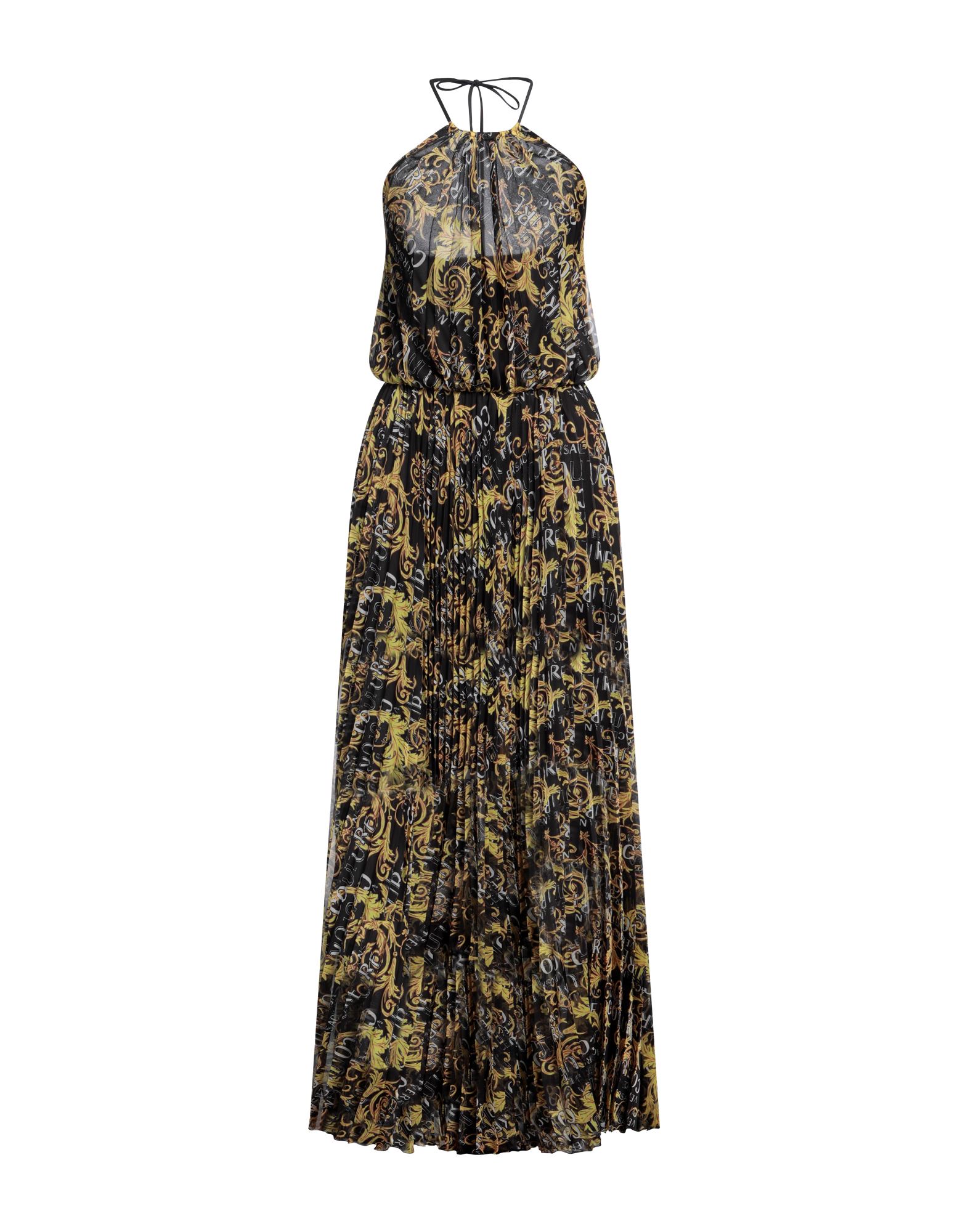 크레이프, 장식 부착 없음, 로고 디자인, 홀터넥, 슬리브리스, 부분적으로 안감 처리한 내부, 포켓 없음, 플레어 드레스. 이미지