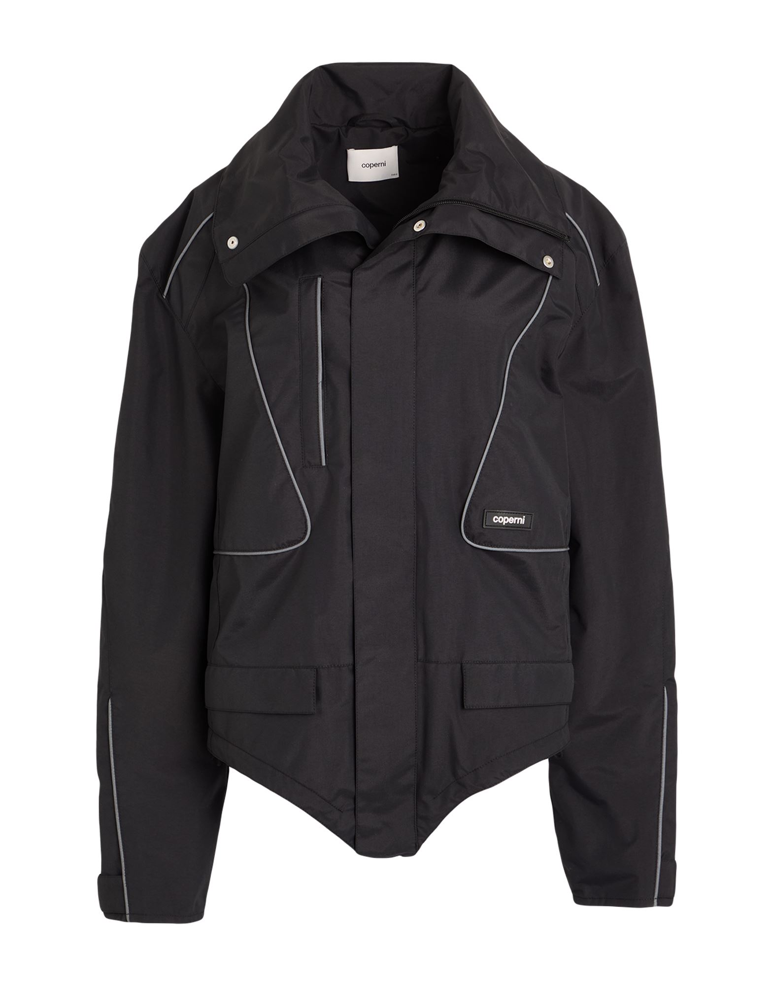 캐주얼 자켓, 테크니컬 패브릭, 브랜드 로고, 솔리드 컬러, 터틀넥, 싱글브레스티드, 롱 슬리브, 합성 충전재, 라이트 패딩, 스냅버튼 여밈, 지퍼 여밈, 드로스트링 헴라인, 드라이클리닝, 표백 금지, 건조기 사용불가. 이미지