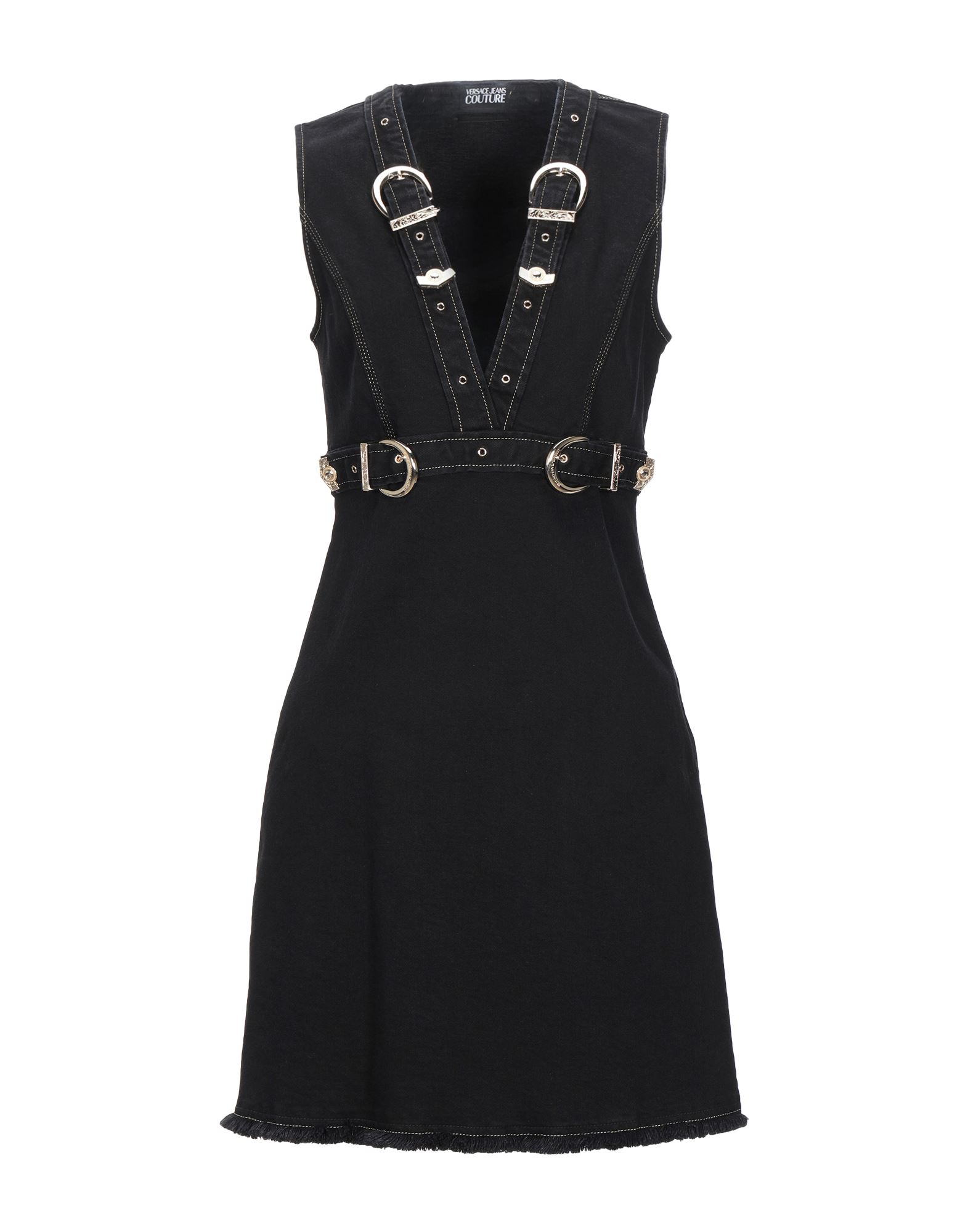 데님, 프린지, 브랜드 로고, 스트랩, 장식 디테일 솔리드 컬러, 딥 네크라인, 슬리브리스, 안감없음, 지퍼 여밈, 멀티 포켓, 스트레치, 플레어 드레스. 이미지