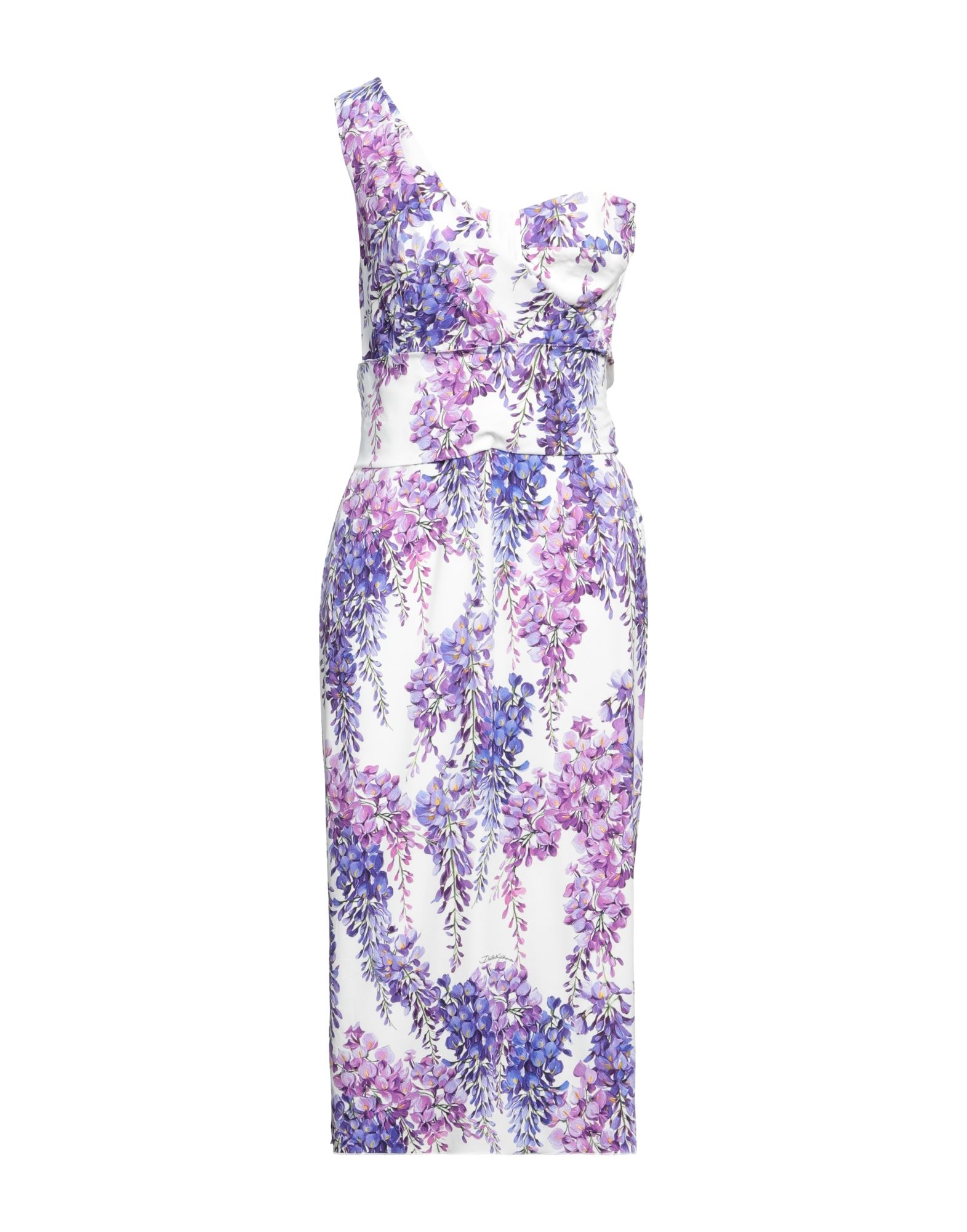 크레이프, 브랜드 로고, 플로럴 모티브, 와이드 네크라인, 원 숄더, 안감있음, 지퍼 클로저, 포켓 없음, 사이드 슬릿, 스트레치, 펜슬 스커트. 이미지