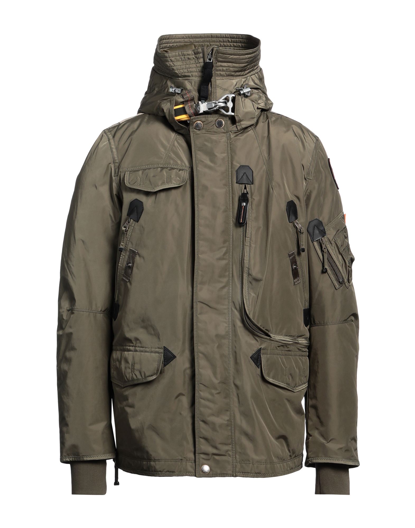 쇼트 다운 자켓, 테크니컬 패브릭, 브랜드 로고, 솔리드 컬러, 터틀넥, 싱글브레스티드, 롱 슬리브, 덕 다운 내장, 지퍼 여밈, 멀티 포켓, 동물성 비섬유 자재 함유, 세탁기로 세탁, 표백 금지, 건조기 사용불가, 다림질 금지. 이미지