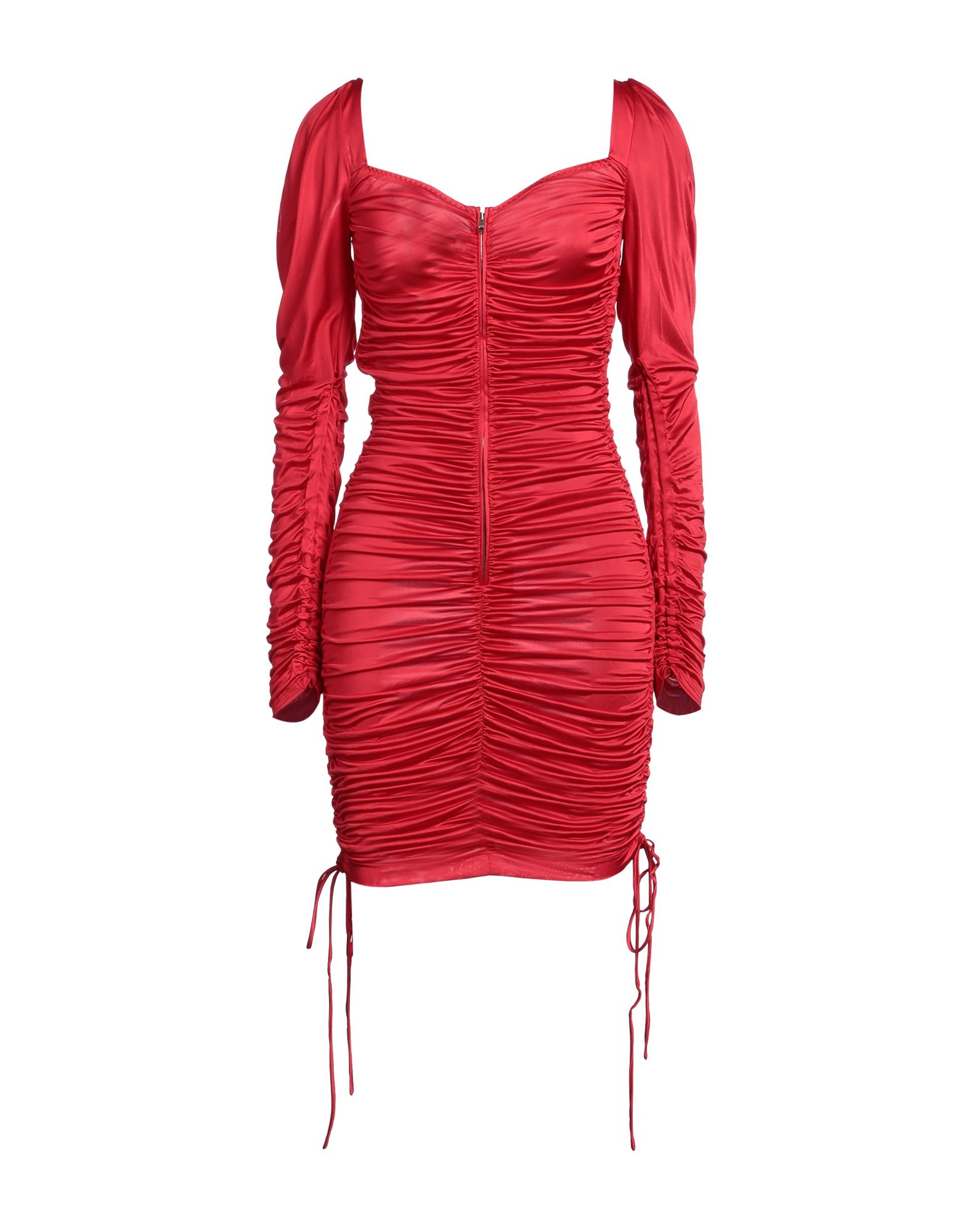 저지, 개더 디테일, 솔리드 컬러, 딥 네크라인, 롱 슬리브, 안감없음, 지퍼 여밈, 후크 여밈, 포켓 없음, 드라이클리닝, 표백 금지, 건조기 사용불가, 바디콘 드레스. 이미지