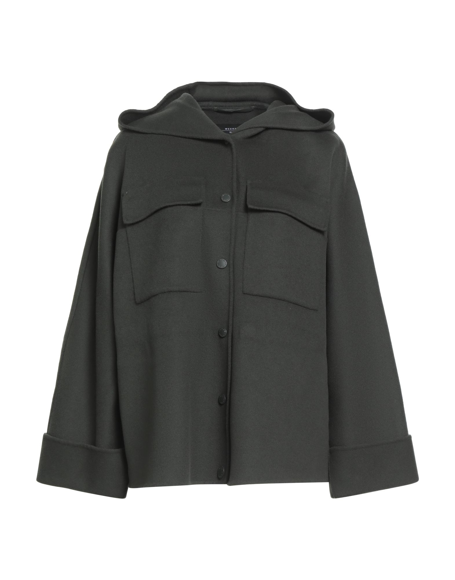 싱글 브레스티드 코트, 펠트, 솔리드 컬러, 장식 부착 없음, 후드, 롱 슬리브, 안감없음, 스냅버튼 여밈, 드로스트링 웨이스트, 슬릿 포켓, 벨로즈 포켓, 드라이클리닝, 표백 금지, 건조기 사용불가. 이미지