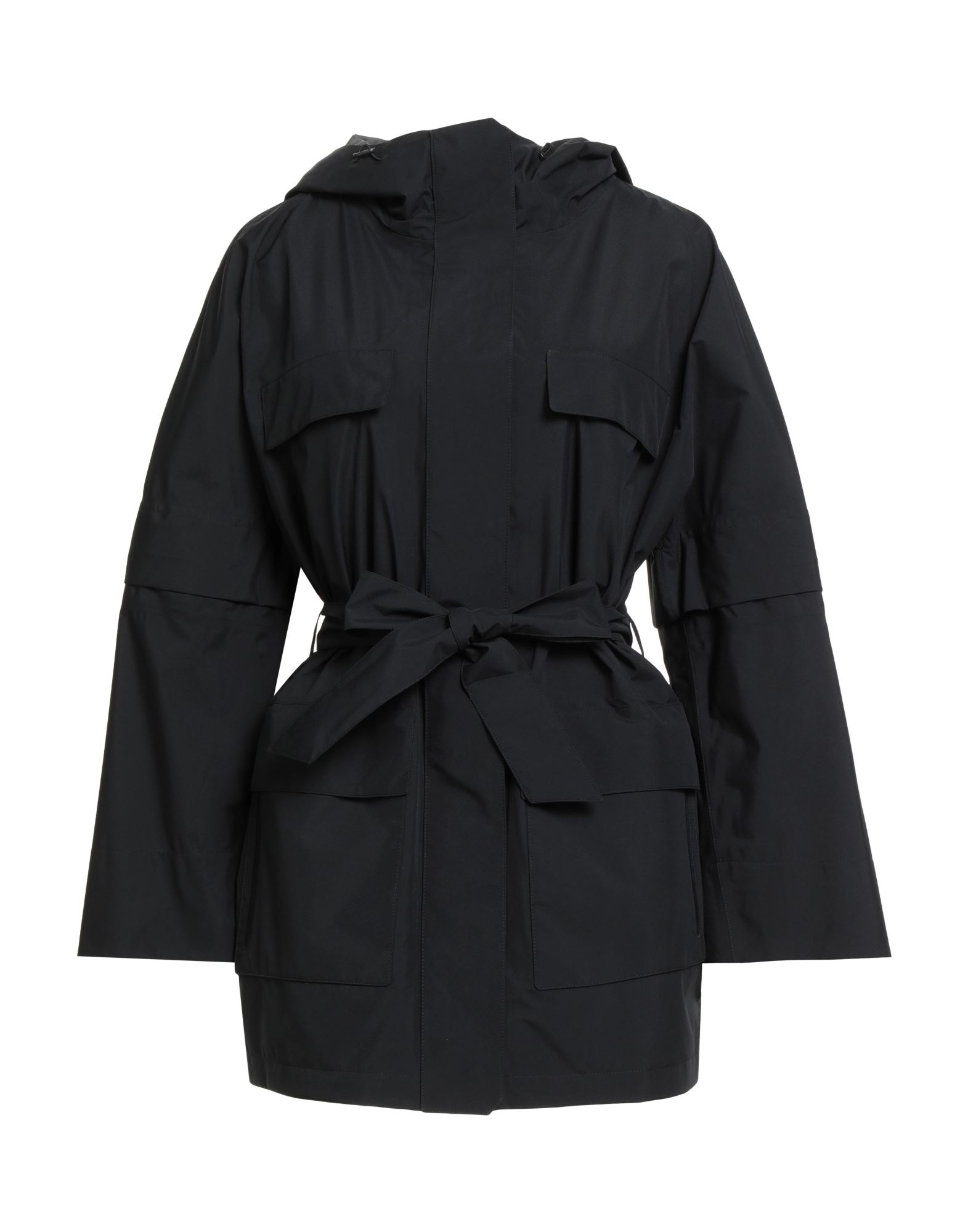 레인코트, 테크니컬 패브릭, 통기성 원단, 벨트, 솔리드 컬러, 후드, 롱 슬리브, 안감없음, 지퍼 여밈, 스냅버튼 여밈, 플랩 포켓, 지퍼 포켓, 손세탁, 표백 금지, 건조기 사용불가, 다림질 금지. 이미지