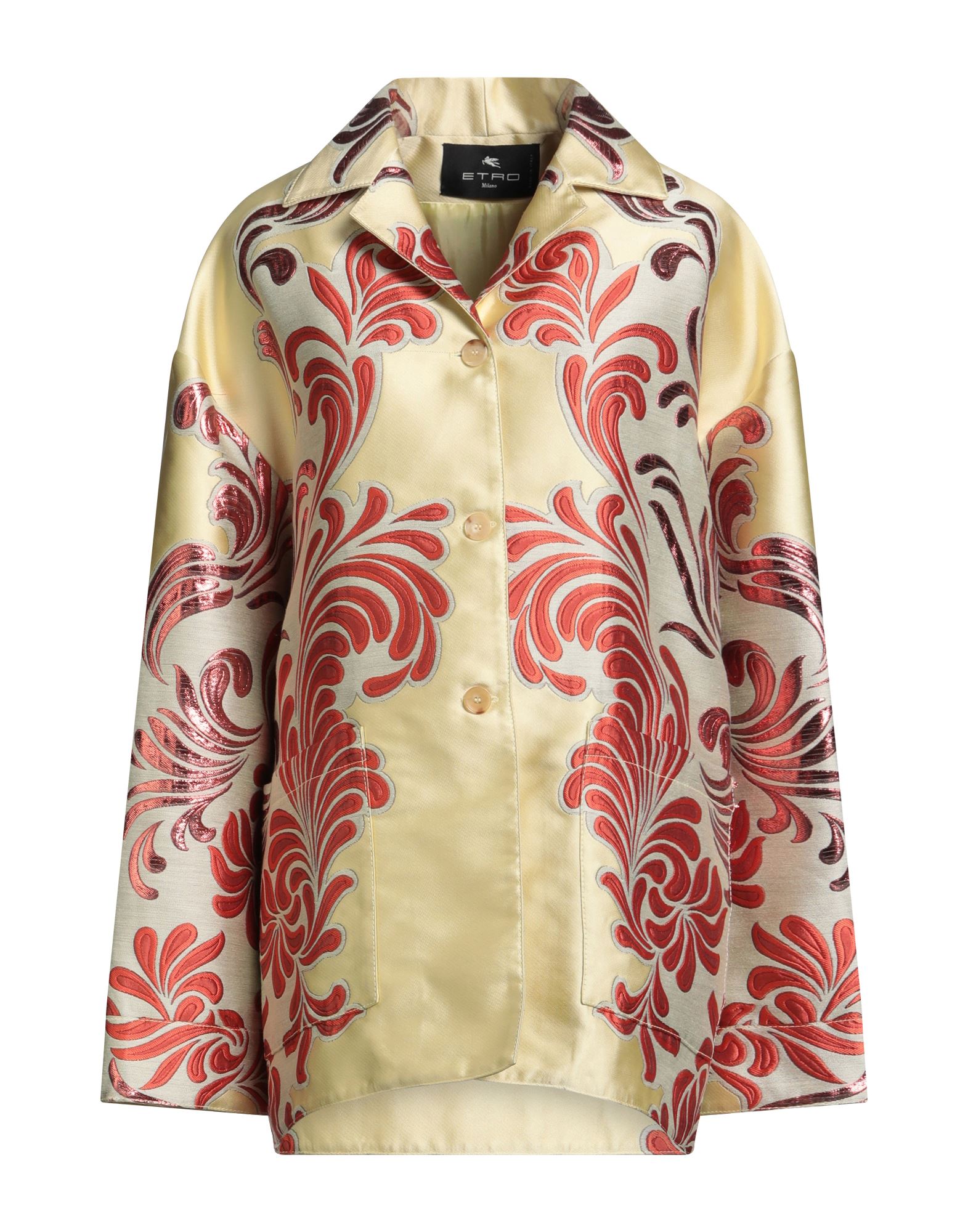 자켓, 브로케이드, 장식 부착 없음, 페이즐리 패턴, 라펠, 싱글브레스티드, 롱 슬리브, 안감있음, 옆면 롱 슬릿, 동물성 비섬유 자재 함유, 드라이클리닝, 표백 금지, 건조기 사용불가. 이미지