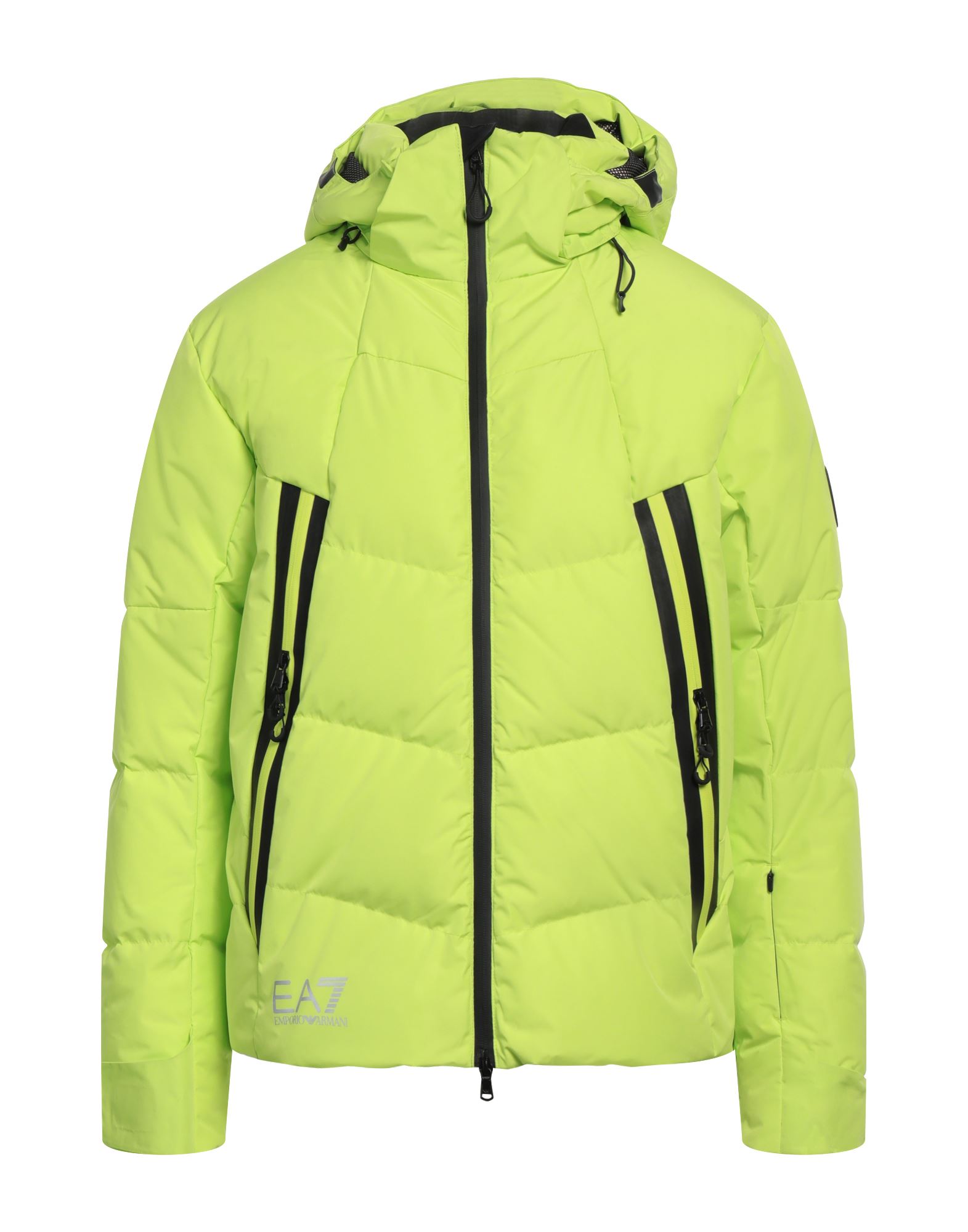 쇼트 다운 자켓, 테크니컬 패브릭, 퀼팅, 브랜드 로고, 솔리드 컬러, 후드, 싱글브레스티드, 롱 슬리브, 덕 다운 내장, 지퍼 여밈, 멀티 포켓, 스트레치, 동물성 비섬유 자재 함유, 세탁기로 세탁, 표백 금지, 건조기 사용불가, 다림질 금지. 이미지