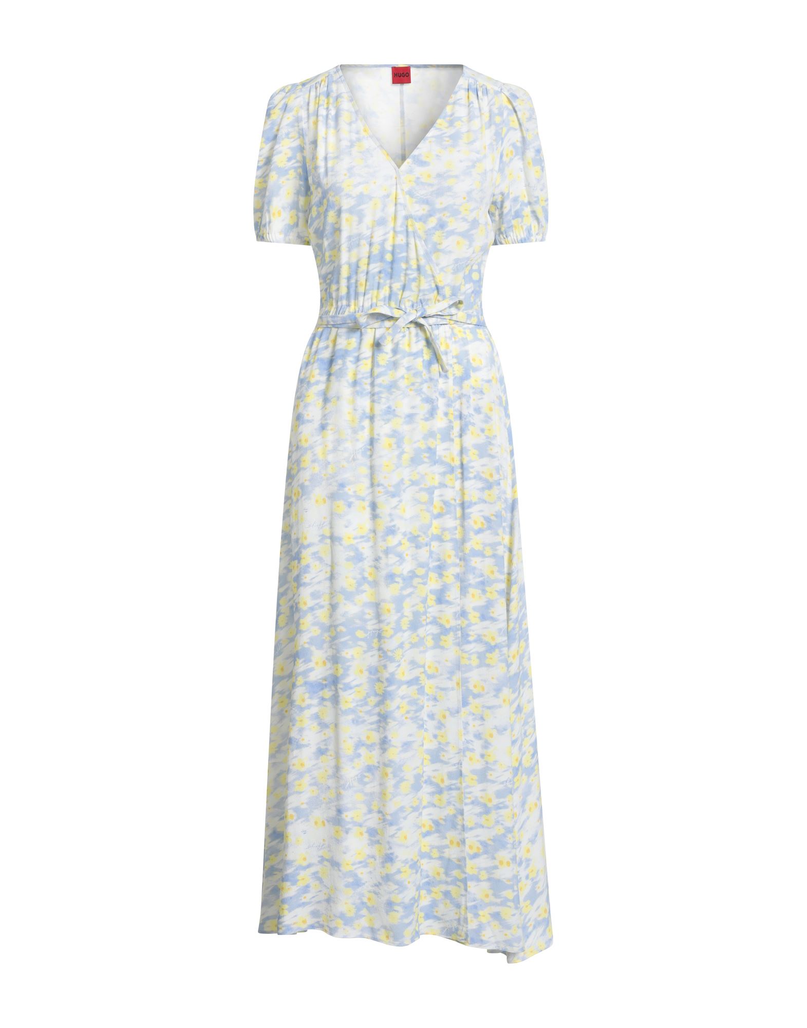 플레어 드레스, 크레이프, 플로럴 모티브, 랩 스타일, 장식 부착 없음, v 네크라인, 쇼트 슬리브, 부분적으로 안감 처리한 내부, 드라이클리닝, 표백 금지, 건조기 사용불가. 이미지