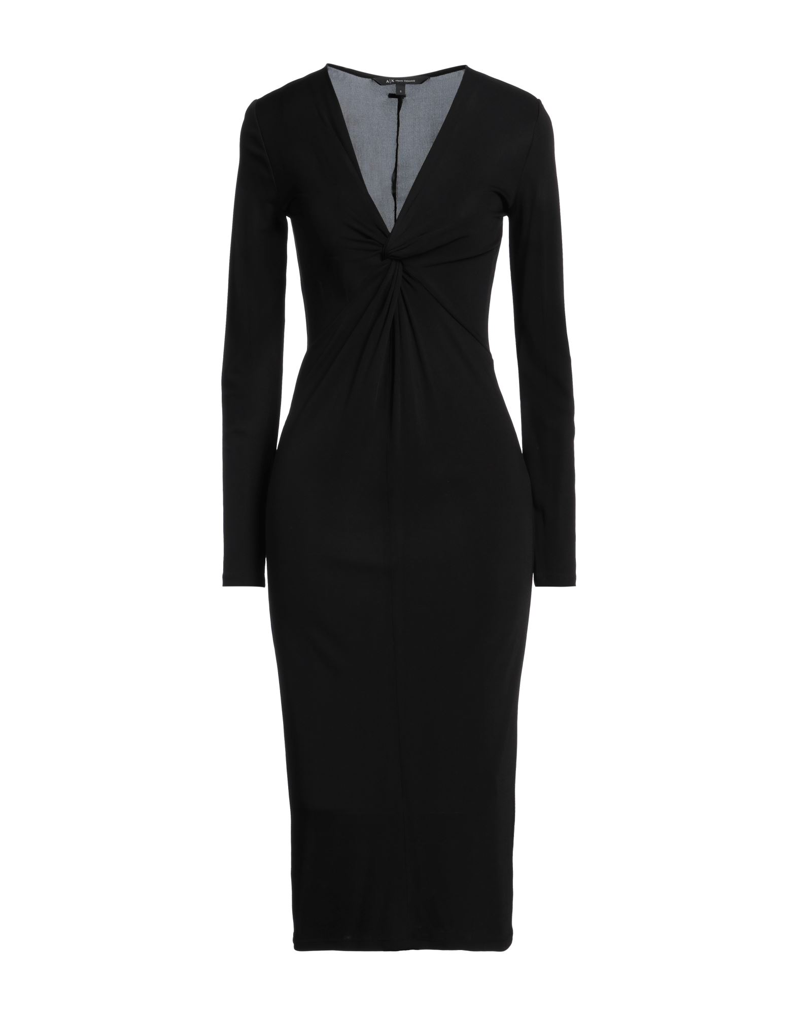 바디콘 드레스, 저지, 솔리드 컬러, 브랜드 로고, v 네크라인, 롱 슬리브, 안감없음, 포켓 없음, 세탁기로 세탁, 표백 금지, 건조기 사용불가. 이미지