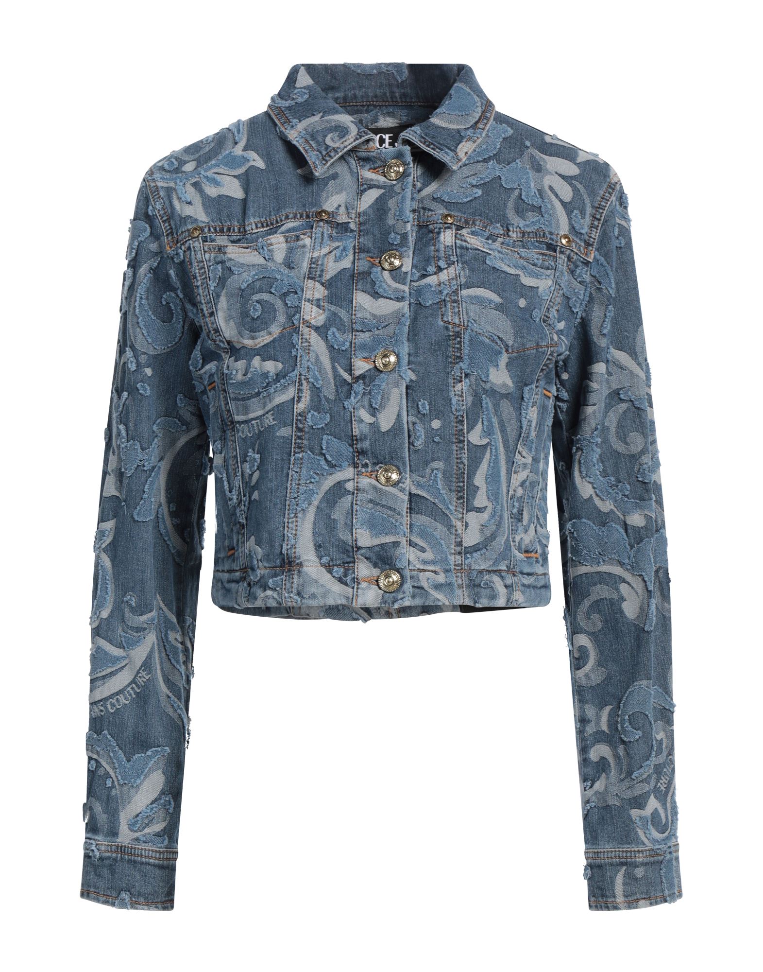 데님 트러커 자켓, 데님, 플로럴 모티브, 브랜드 로고, 미디엄 워싱, 클래식 칼라, 롱 슬리브, 안감없음, 버튼 여밈, 멀티 포켓, 스트레치, 세탁기 세탁 또는 드라이클리닝, 표백 금지, 건조기 사용불가. 이미지