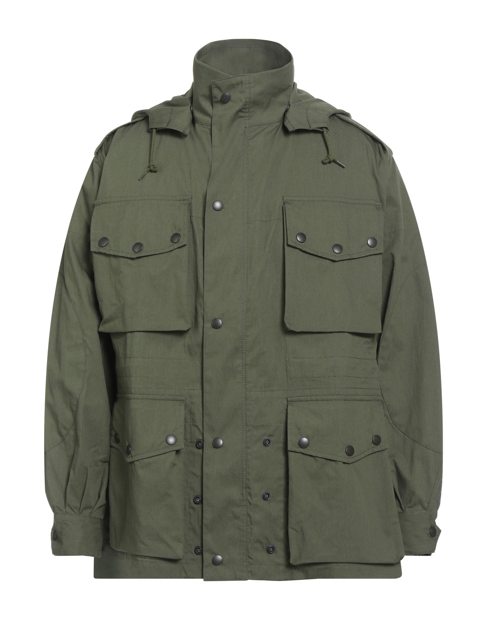 사파리 자켓, 테크니컬 패브릭, 솔리드 컬러, 탭, 목 부분의 분리 가능한 후드, 싱글브레스티드, 롱 슬리브, 안감없음, 지퍼 여밈, 스냅버튼 여밈, 드로스트링 웨이스트, 플랩 포켓, 손세탁 또는 드라이클리닝, 표백 금지, 건조기 사용불가. 이미지