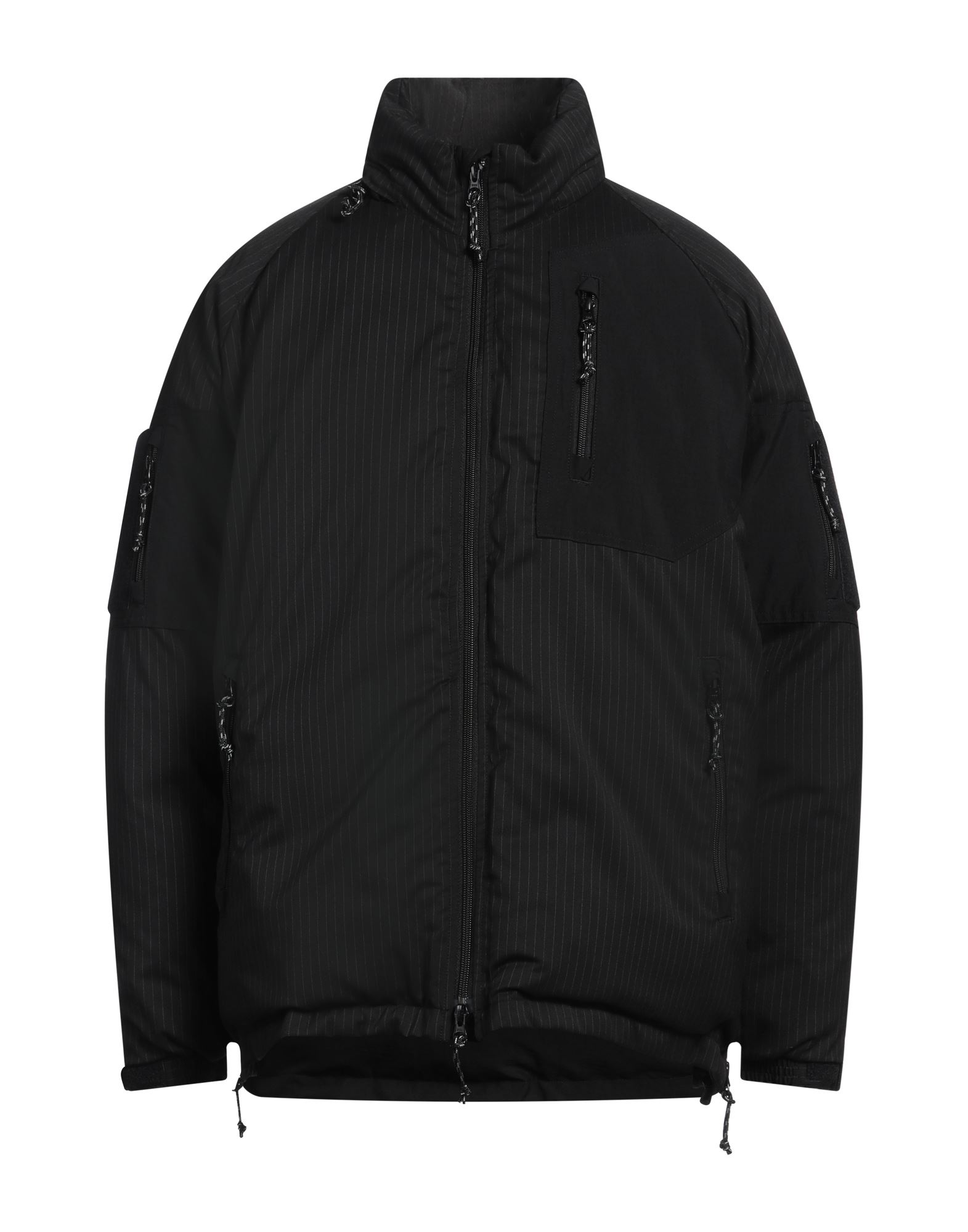 캐주얼 자켓, 우븐, 핀스트라이프, 장식 부착 없음, 터틀넥, 싱글브레스티드, 롱 슬리브, 합성 충전재, 지퍼 여밈, 멀티 포켓, 드로스트링 헴라인, 드라이클리닝, 표백 금지, 건조기 사용불가. 이미지