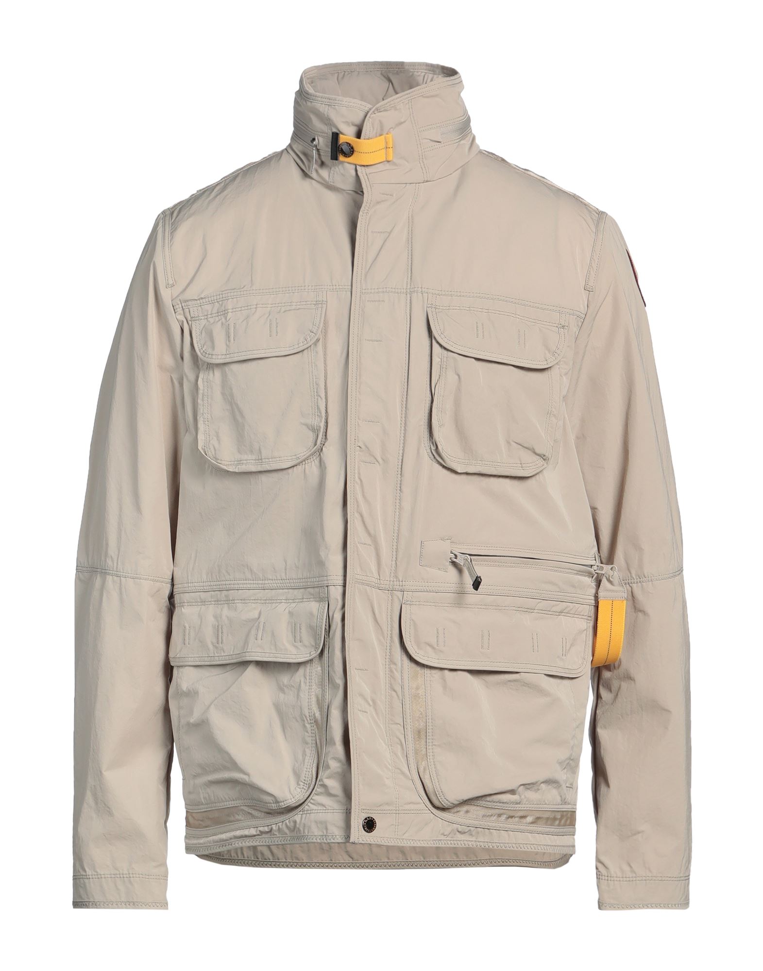 사파리 자켓, 우븐, 장식 디테일 솔리드 컬러, 사이드 스트라이프, 브랜드 로고, 후드, 싱글브레스티드, 롱 슬리브, 안감없음, 지퍼 여밈, 멀티 포켓, 손세탁, 표백 금지, 건조기 사용불가, 다림질 금지. 이미지