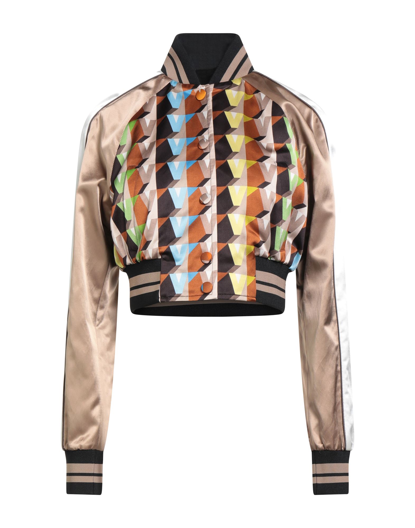 보머 자켓, 새틴, 파이핑 트림, 니트 트리밍, 로고 디자인, 크루넥, 롱 슬리브, 안감있음, 스냅버튼 여밈, 슬릿 포켓, 드라이클리닝, 표백 금지, 건조기 사용불가. 이미지