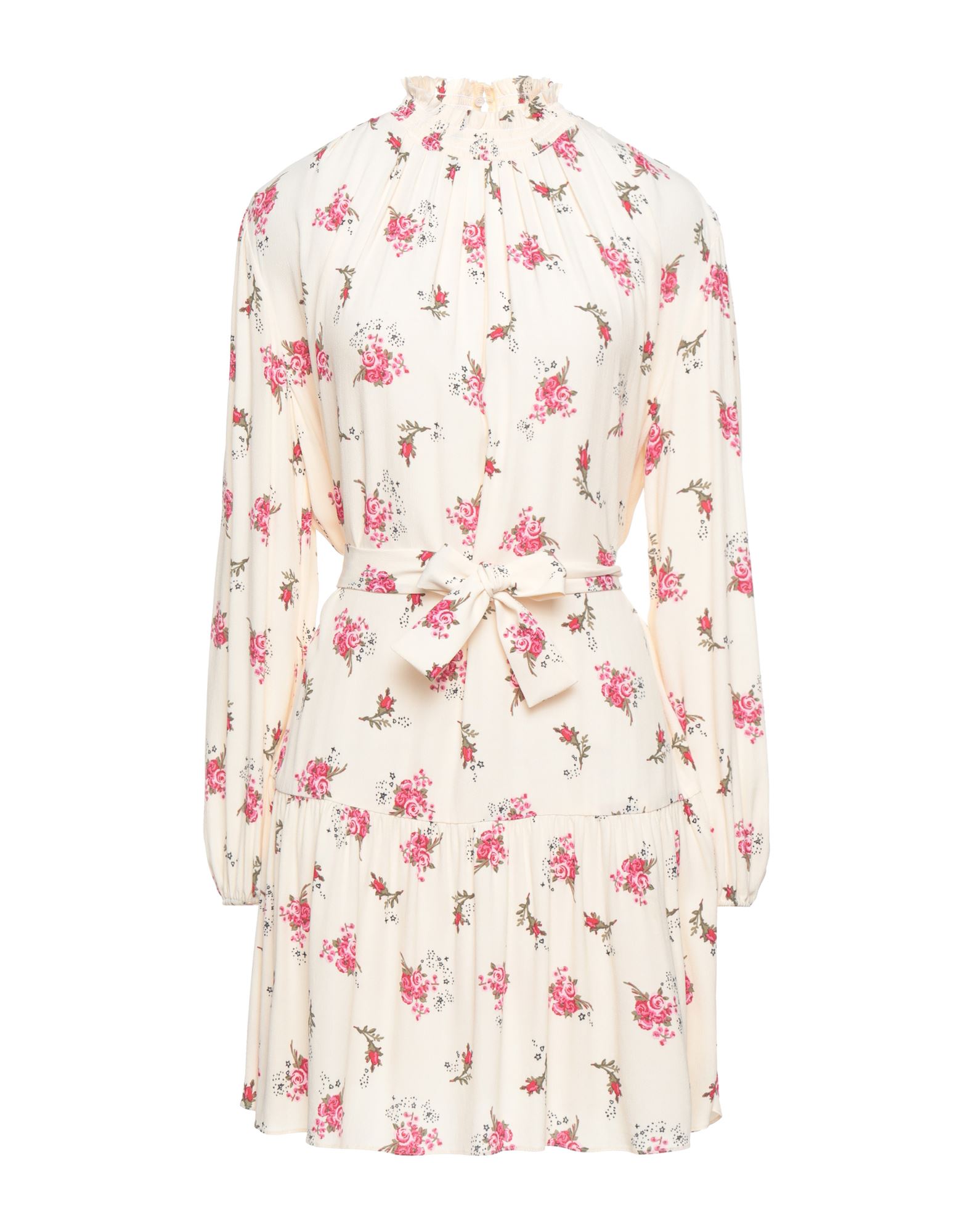 크레이프, 벨트, 플로럴 모티브, 터틀넥, 롱 슬리브, 언더팬츠 내장, 포켓 없음, 플레어 드레스. 이미지