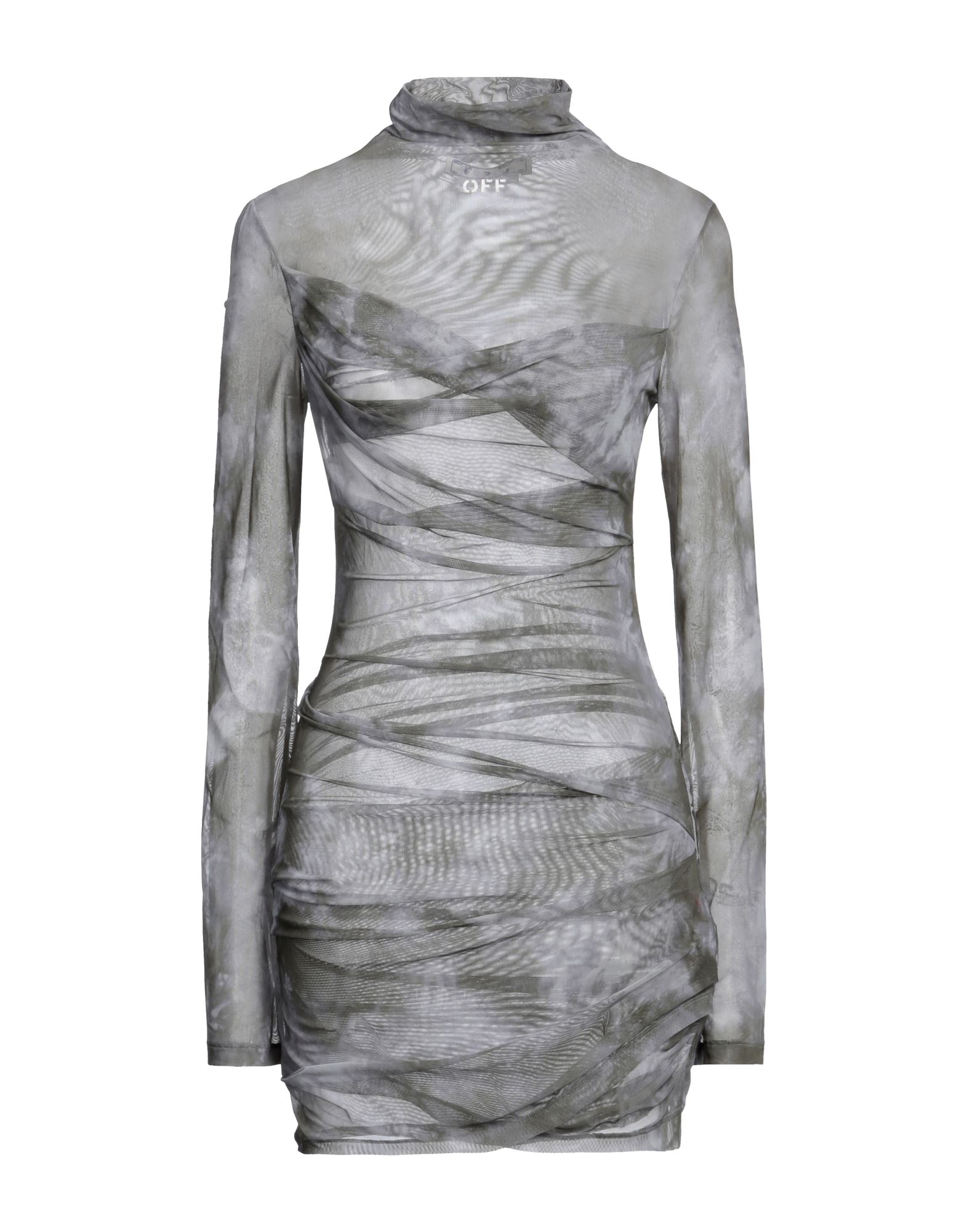 바디콘 드레스, 튤, 스트레치 패브릭, 타이다이, 드레이프, 브랜드 로고, 터틀넥, 롱 슬리브, 안감없음, 세탁기로 세탁, 표백 금지, 건조기 사용불가. 이미지