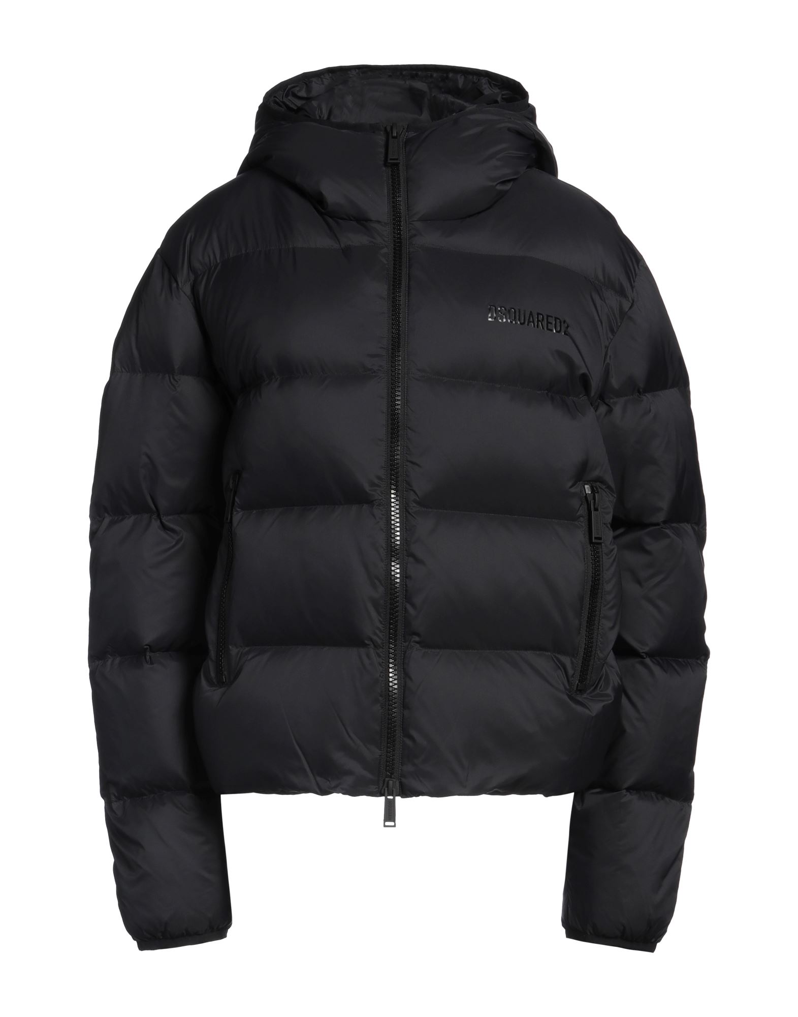 쇼트 다운 자켓, 테크니컬 패브릭, 퀼팅, 브랜드 로고, 솔리드 컬러, 후드, 롱 슬리브, 덕 다운 내장, 헤비 패딩, 지퍼 여밈, 지퍼 포켓, 동물성 비섬유 자재 함유, 드라이클리닝 금지, 표백 금지, 건조기 사용불가, 다림질 금지. 이미지