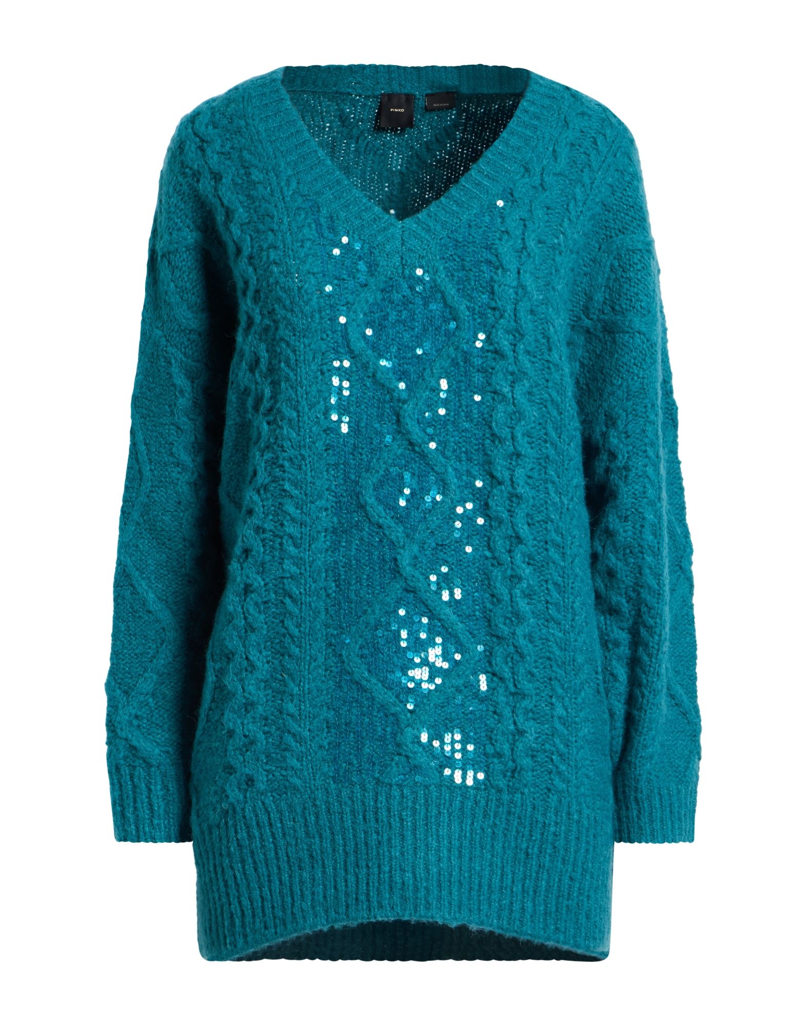 시퀸 원피스, 케이블 니트, 미디엄웨이트 니트, 장식 디테일 솔리드 컬러, 시퀸, 브랜드 로고, v 네크라인, 롱 슬리브, 포켓 없음, 손세탁, 표백 금지, 건조기 사용불가, 스타일과 우아함 그리고 화려함이 어우러진 멋진 파티 룩을 연출해줄 피스. 이미지