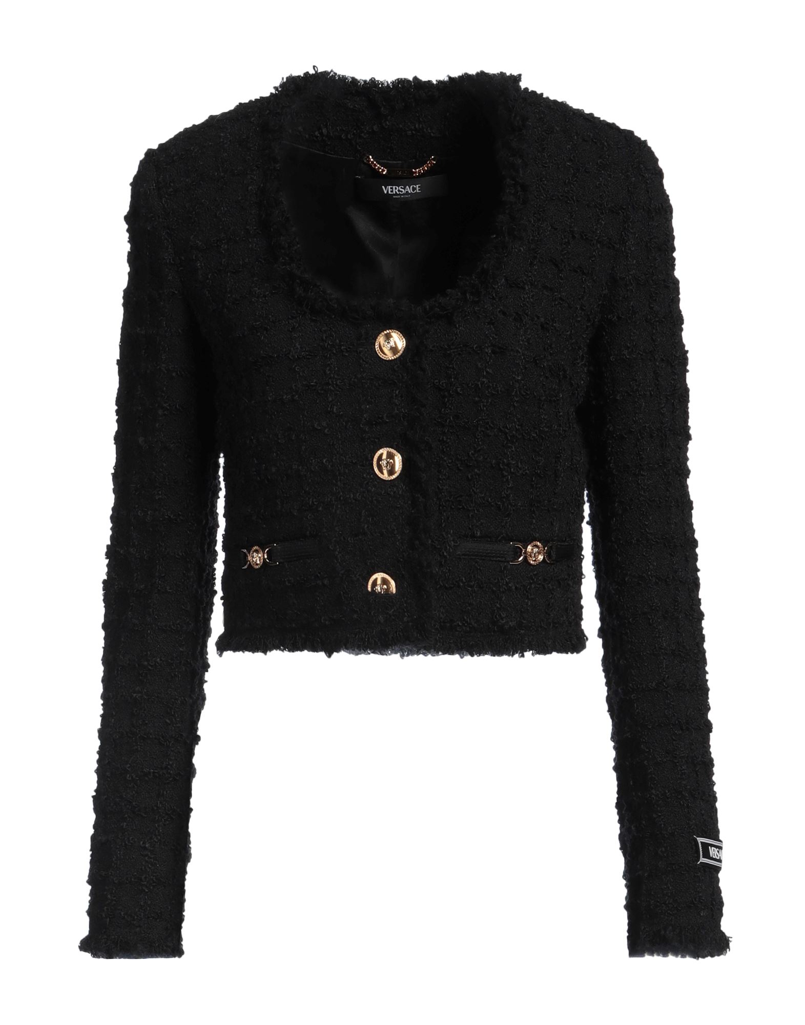 자켓, 부클레, 솔리드 컬러, 브랜드 로고, 크루넥, 싱글브레스티드, 롱 슬리브, 안감있음, 버튼 여밈, 포켓 없음, 물세탁 불가, 표백 금지, 건조기 사용불가. 이미지