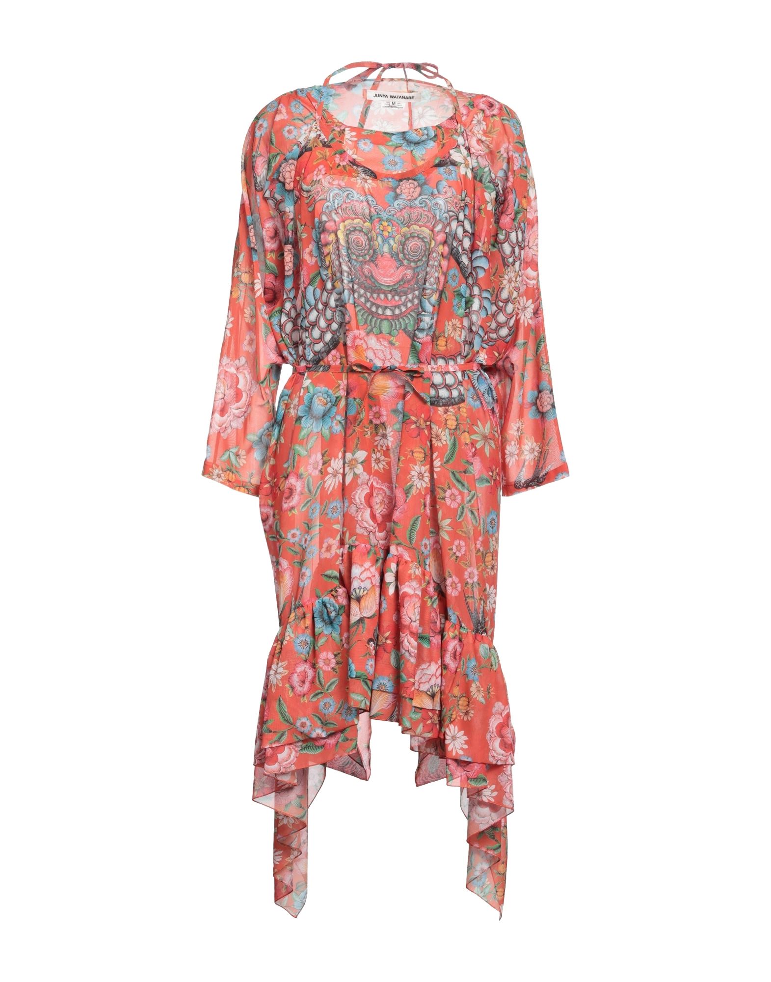 평직, 장식 부착 없음, 플로럴 모티브, 라운드 네크라인, 롱 슬리브, 안감없음, 셀프타이/스트링 여밈, 포켓 없음, 트라페즈 스커트. 이미지