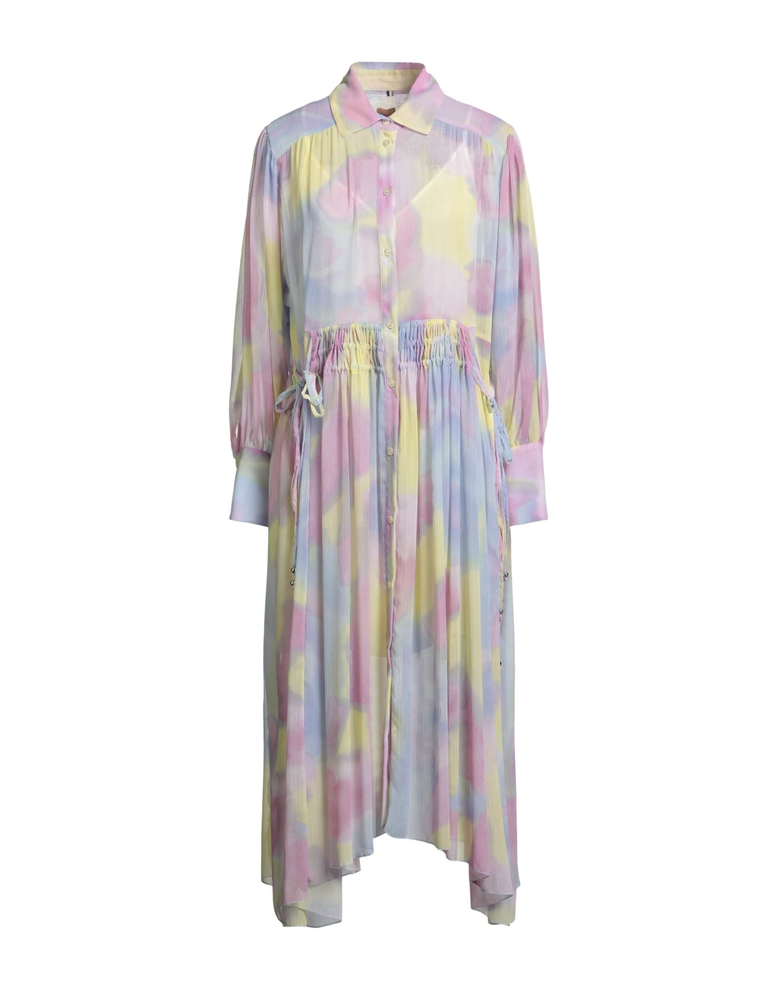 셔츠 드레스, 조젯, 타이다이, 개더 디테일, 클래식 칼라, 롱 슬리브, 버튼 커프스, 슬립 내장, 타이 여밈, 버튼 여밈, 드라이클리닝, 표백 금지, 건조기 사용불가. 이미지