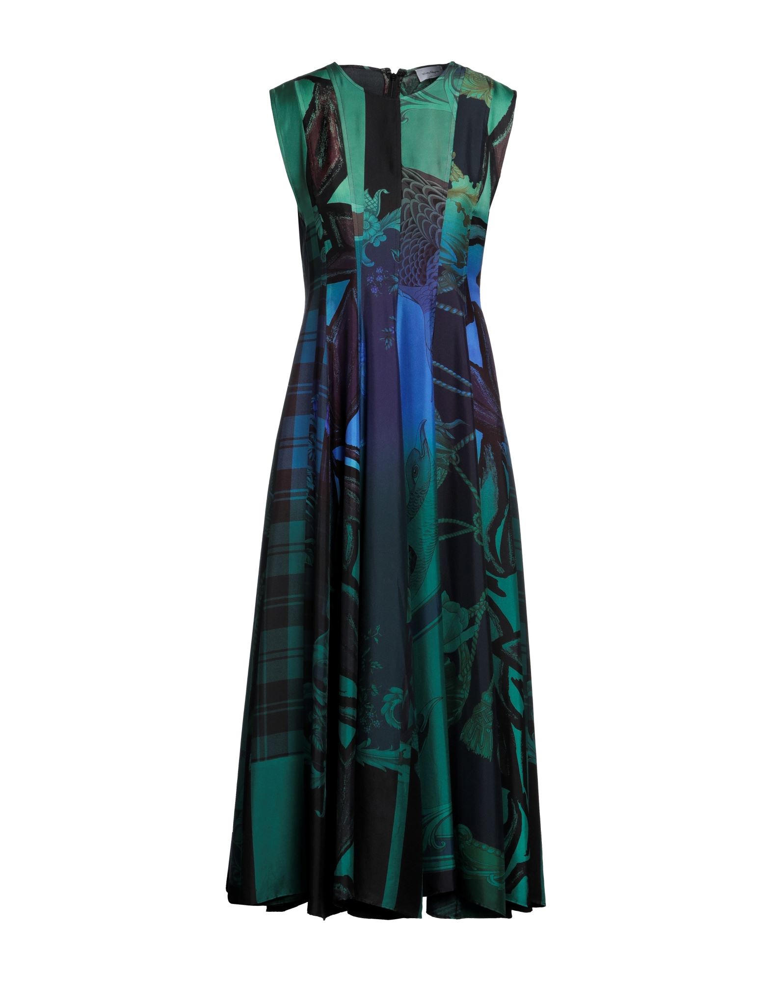 트윌, 장식 부착 없음, 플로럴 모티브, 크루넥, 슬리브리스, 안감없음, 지퍼 클로저, 훅&아이, 포켓 없음, 트라페즈 스커트. 이미지