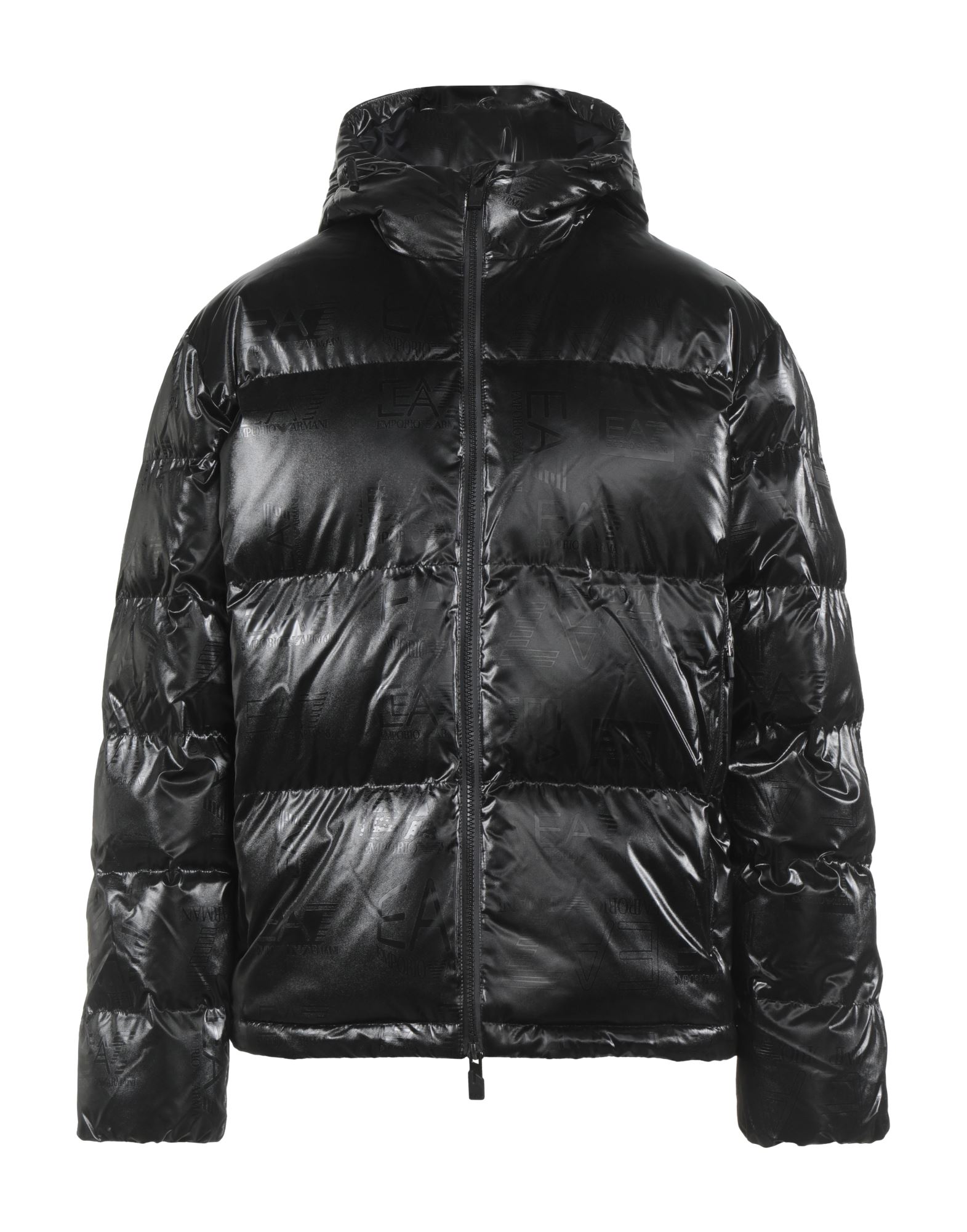 쇼트 패딩 자켓, 테크니컬 패브릭, 로고 디자인, 브랜드 로고, 후드, 싱글브레스티드, 롱 슬리브, 합성 충전재, 지퍼 여밈, 멀티 포켓, 세탁기로 세탁, 표백 금지, 건조기 사용불가. 이미지