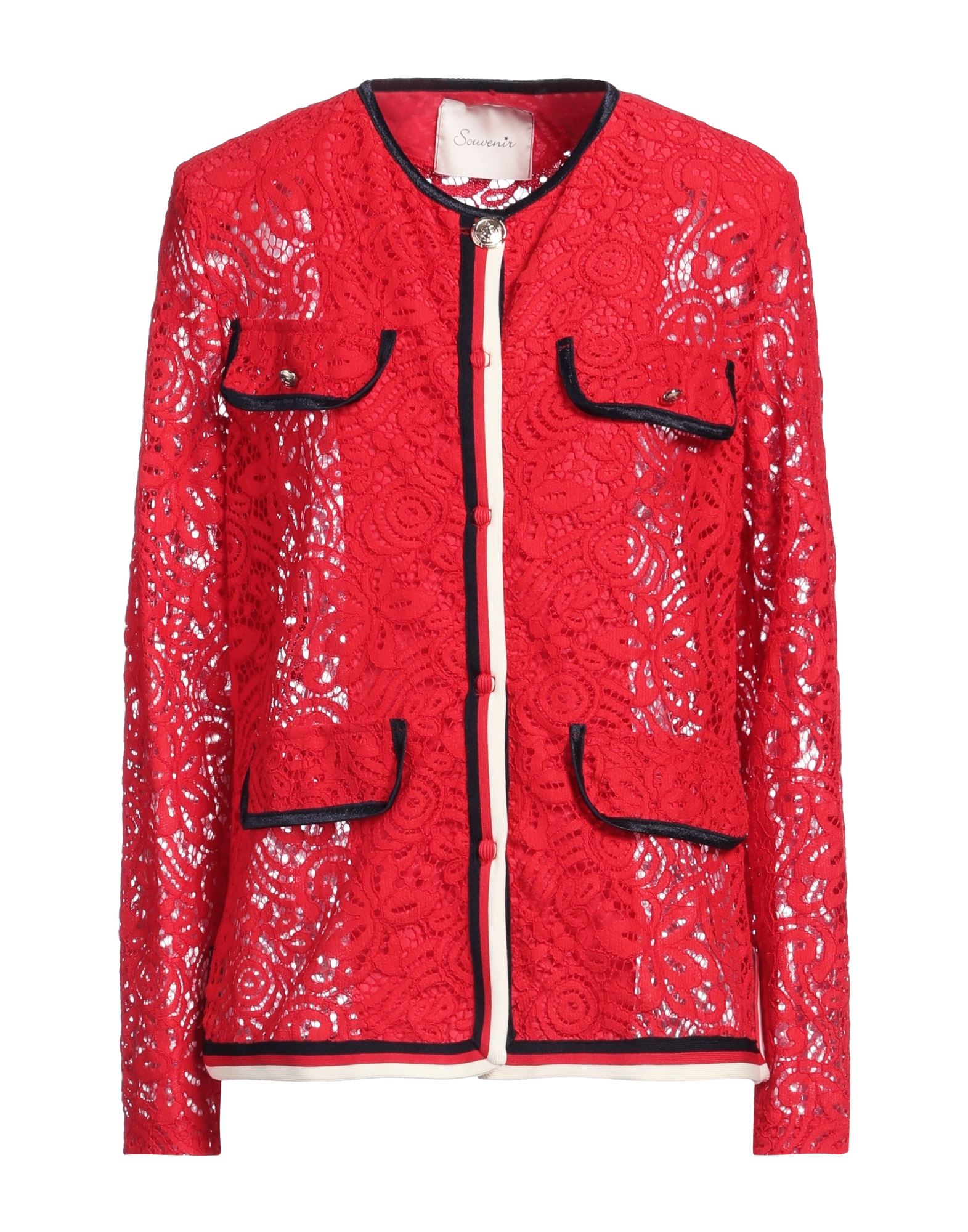 자켓, 레이스, 우븐, 멀티컬러 패턴, 장식 부착 없음, 크루넥, 싱글브레스티드, 롱 슬리브, 안감없음, 스냅버튼 여밈, 포켓 없음, 손세탁 또는 드라이클리닝, 표백 금지, 건조기 사용불가. 이미지