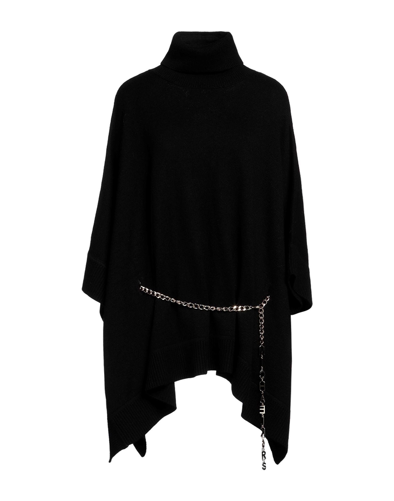 니트 소재, 미디엄웨이트 니트, 벨트, 솔리드 컬러, 터틀넥, 싱글브레스티드, 슬리브리스, 안감없음, 포켓 없음, 판초 스타일. 이미지