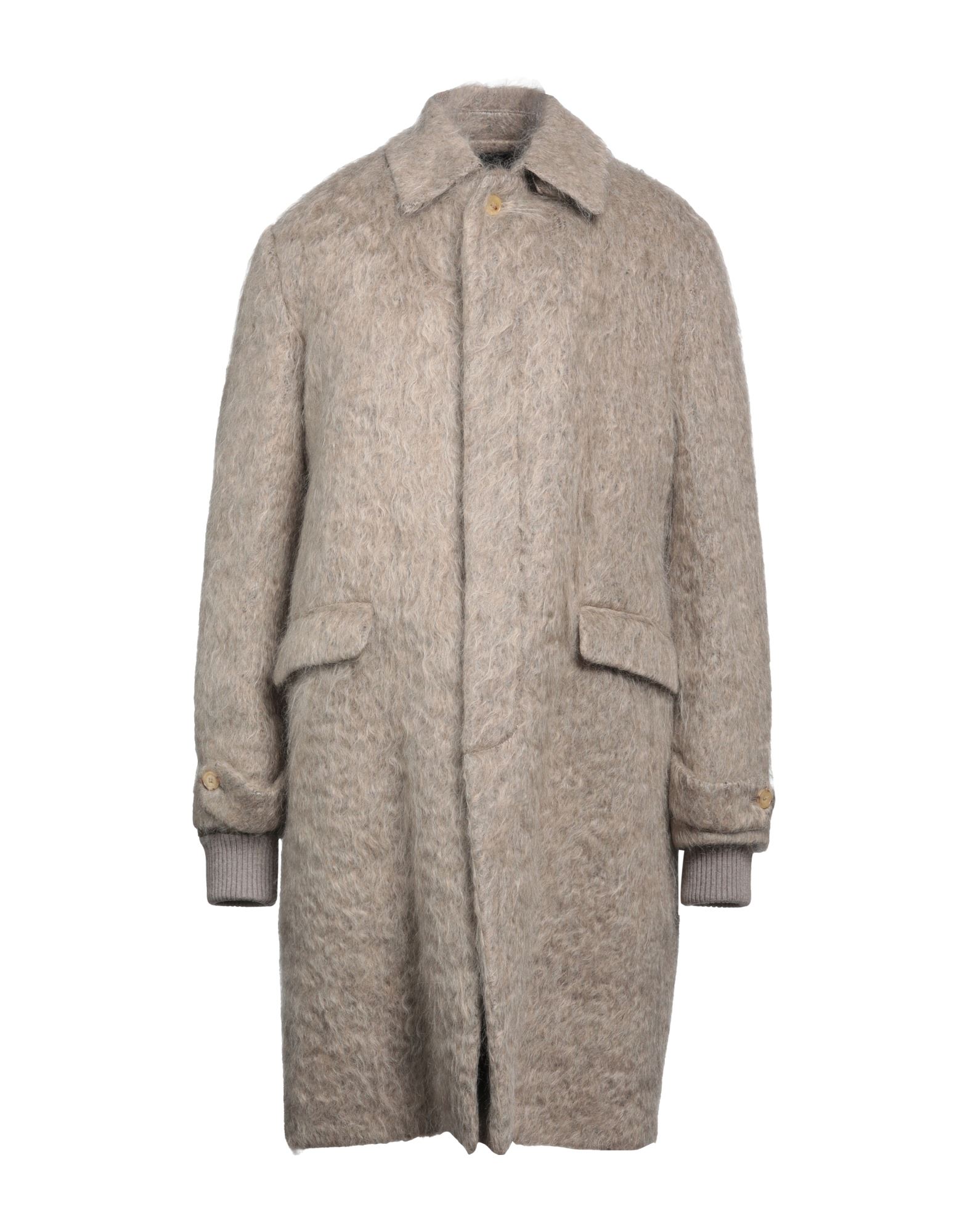 벨루어, 장식 부착 없음, 솔리드 컬러, 클래식 칼라, 싱글브레스티드, 롱 슬리브, 디테쳐블 안감, 버튼 여밈, 멀티 포켓, 맥코트 스타일. 이미지