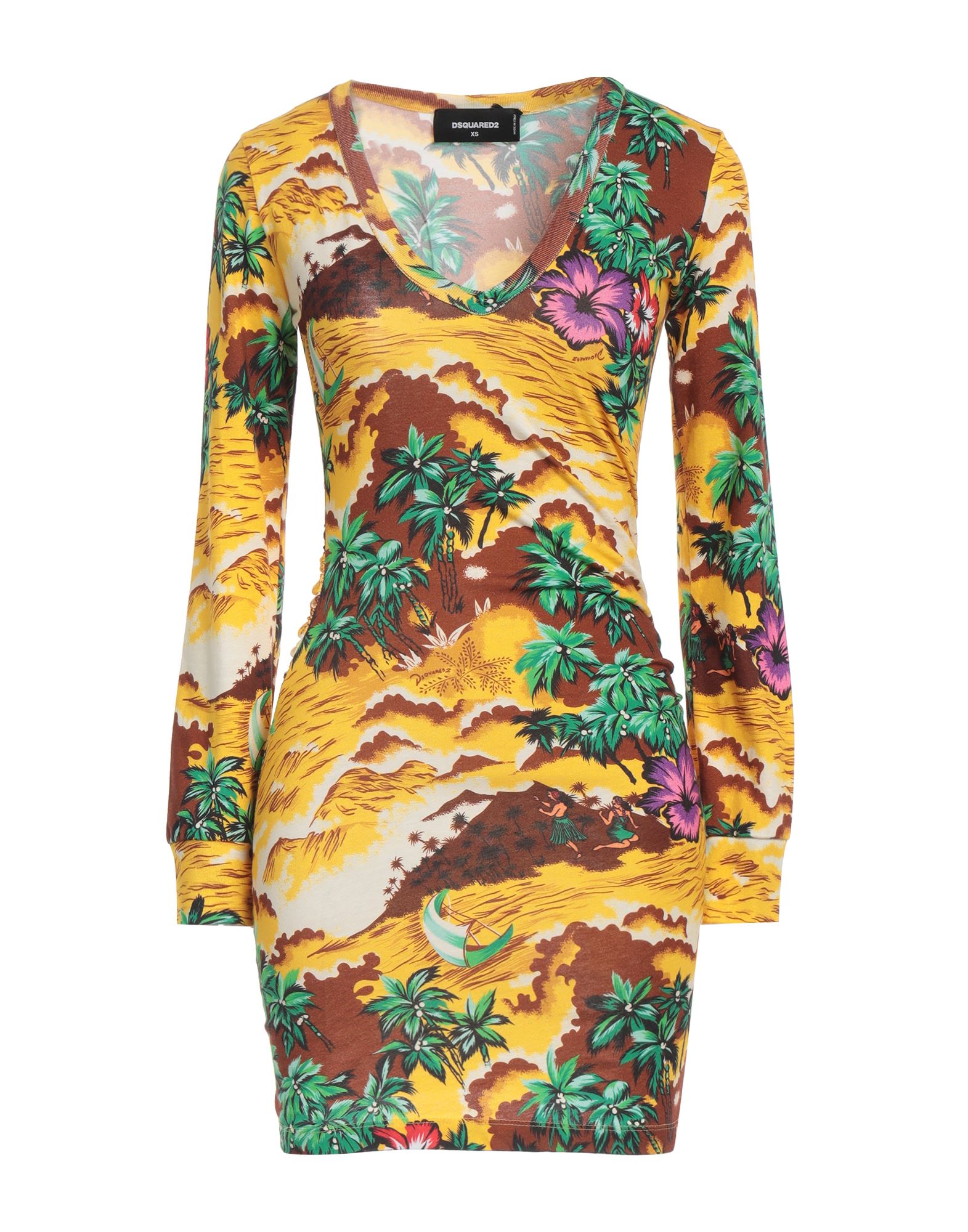 저지, 개더 디테일, 하와이안 모티브, v 네크라인, 롱 슬리브, 안감없음, 포켓 없음, 드라이클리닝 금지, 표백 금지, 건조기 사용불가, 이 브랜드는 사이즈가 작게 나옵니다., 바디콘 드레스. 이미지