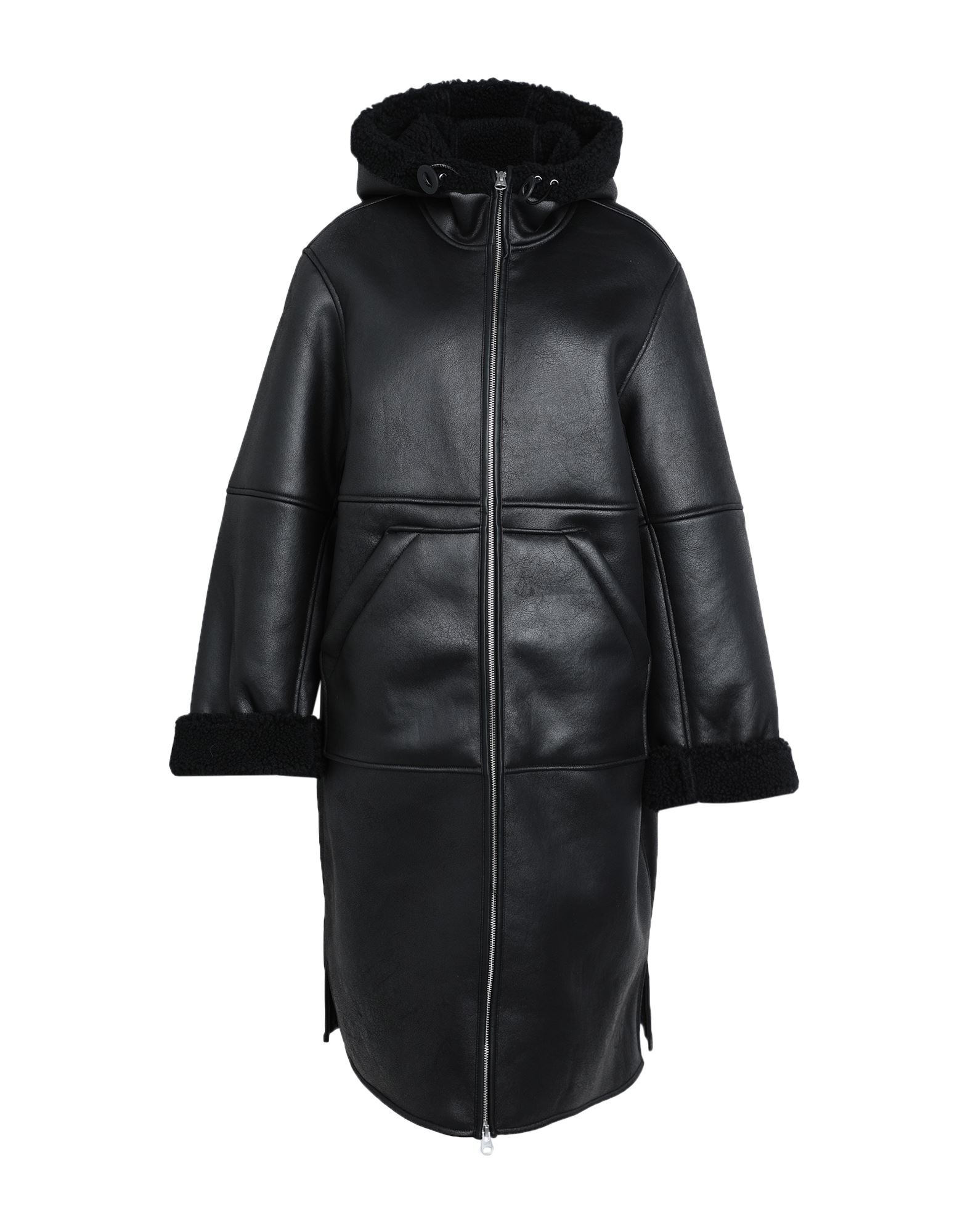 인조가죽, 장식 부착 없음, 솔리드 컬러, 후드, 싱글브레스티드, 롱 슬리브, 셰르파 패브릭 내부, 지퍼 여밈, 멀티 포켓, 사이드 슬릿 헴라인, 파카. 이미지