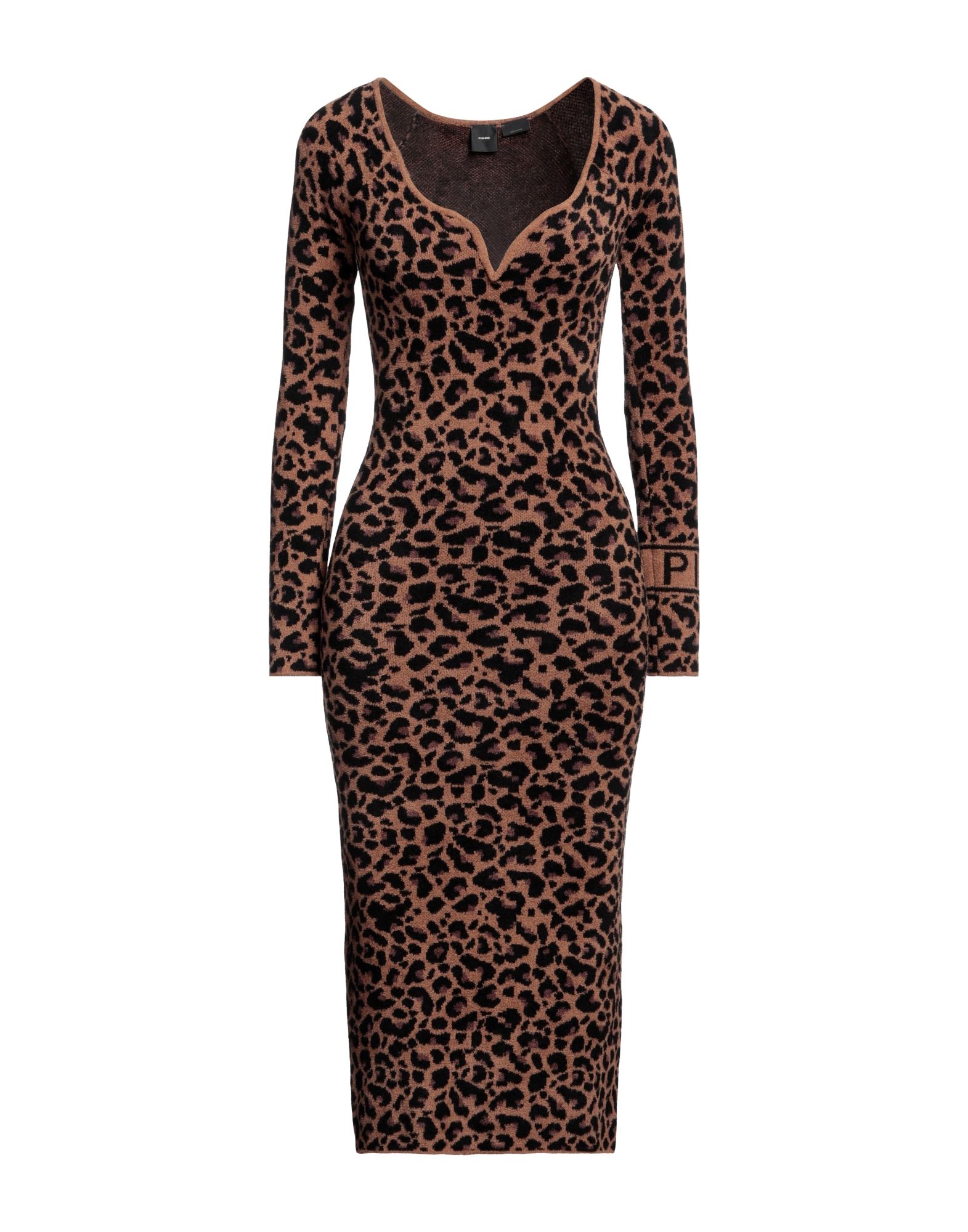 바디콘 드레스, 자카드 니트, 라이트웨이트 니트, 레오파드 패턴, 장식 부착 없음, v 네크라인, 롱 슬리브, 안감없음, 포켓 없음, 손세탁, 표백 금지, 건조기 사용불가. 이미지