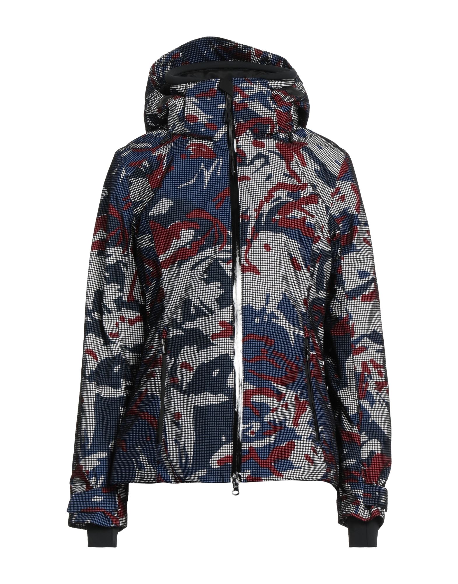 쇼트 패딩 자켓, 테크니컬 패브릭, 플로킹 가공, 방수, 브랜드 로고, 멀티컬러 패턴, 후드, 롱 슬리브, 버클 여밈 커프스, 합성 충전재, 헤비 패딩, 지퍼 여밈, 멀티 포켓, 스키/스노우보드. 이미지